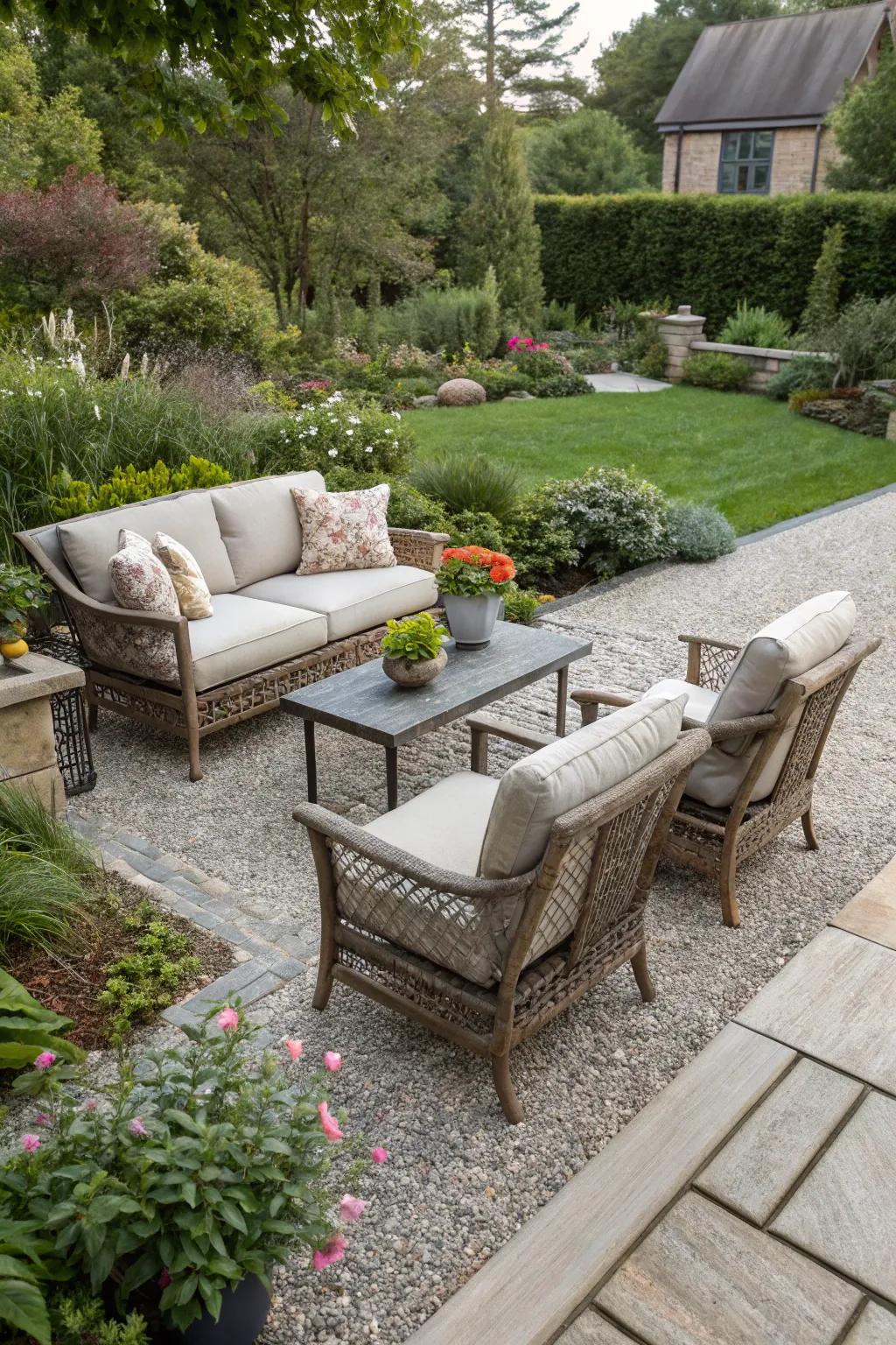 Gravel provides a casual and versatile outdoor flooring.