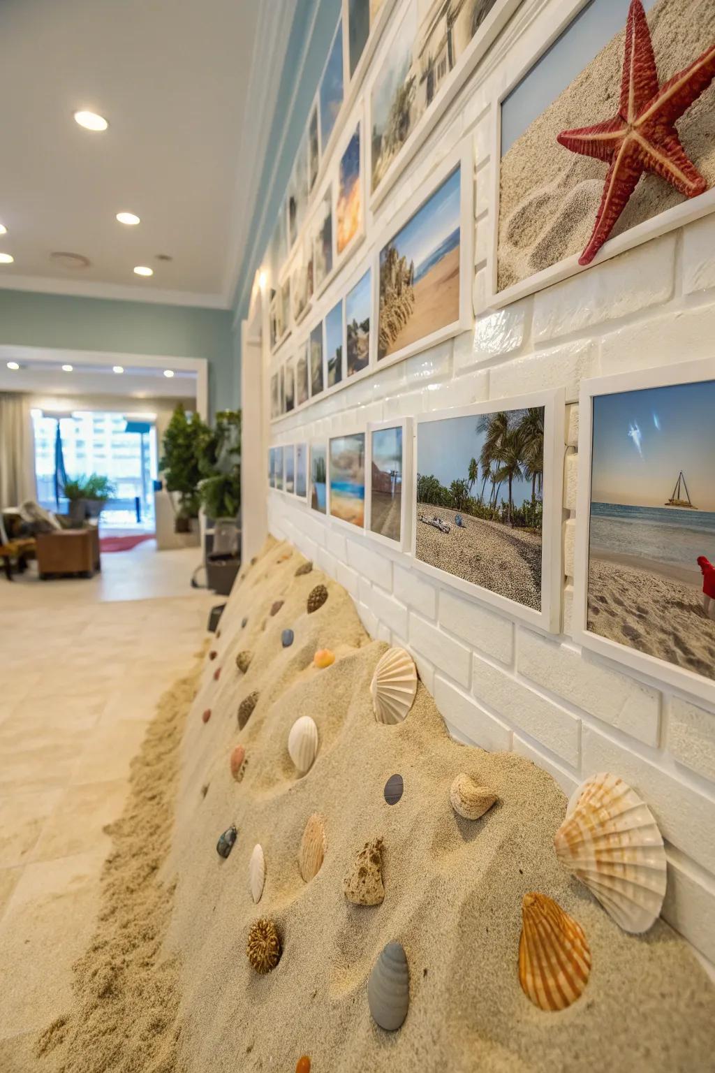 A beach-themed photo wall with sand and shells, transporting guests to a coastal paradise.