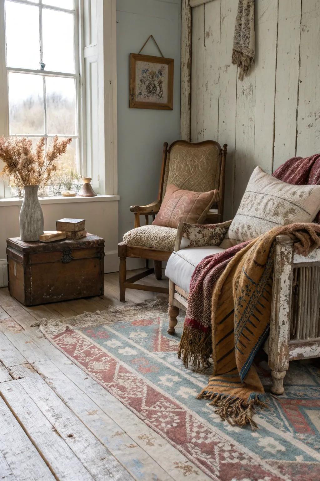 Distressed floors evoke a timeless vintage charm.