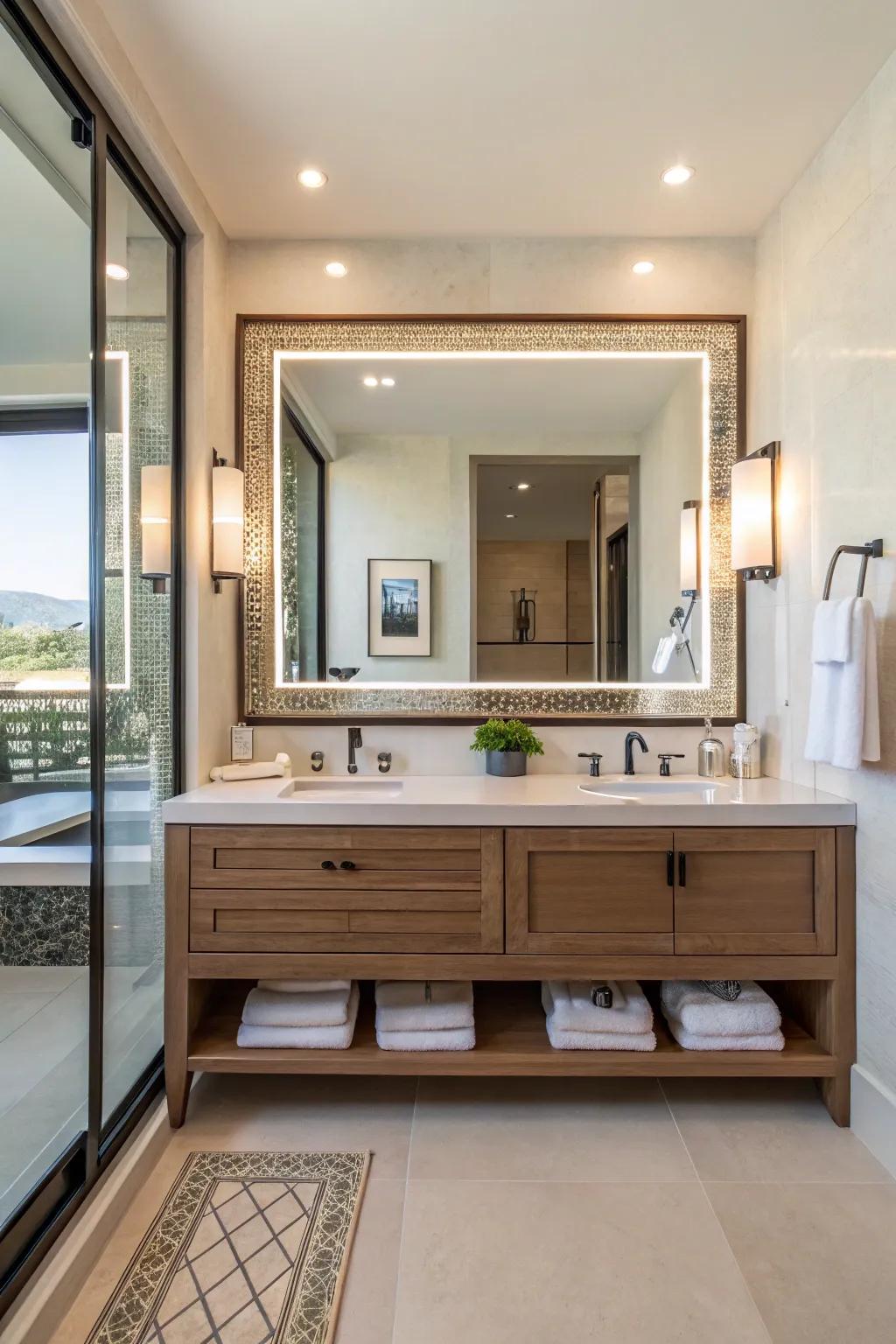 Oversized mirrors amplify space and light in bathrooms.