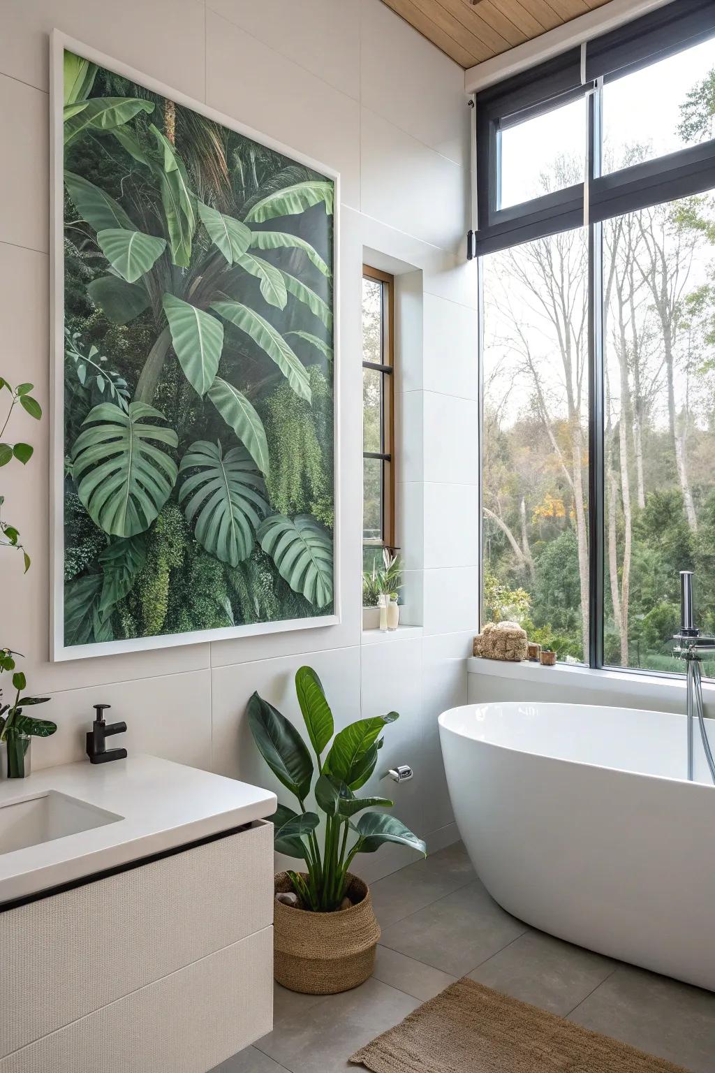 A botanical poster adding a fresh feel to a bathroom with lush plant imagery.