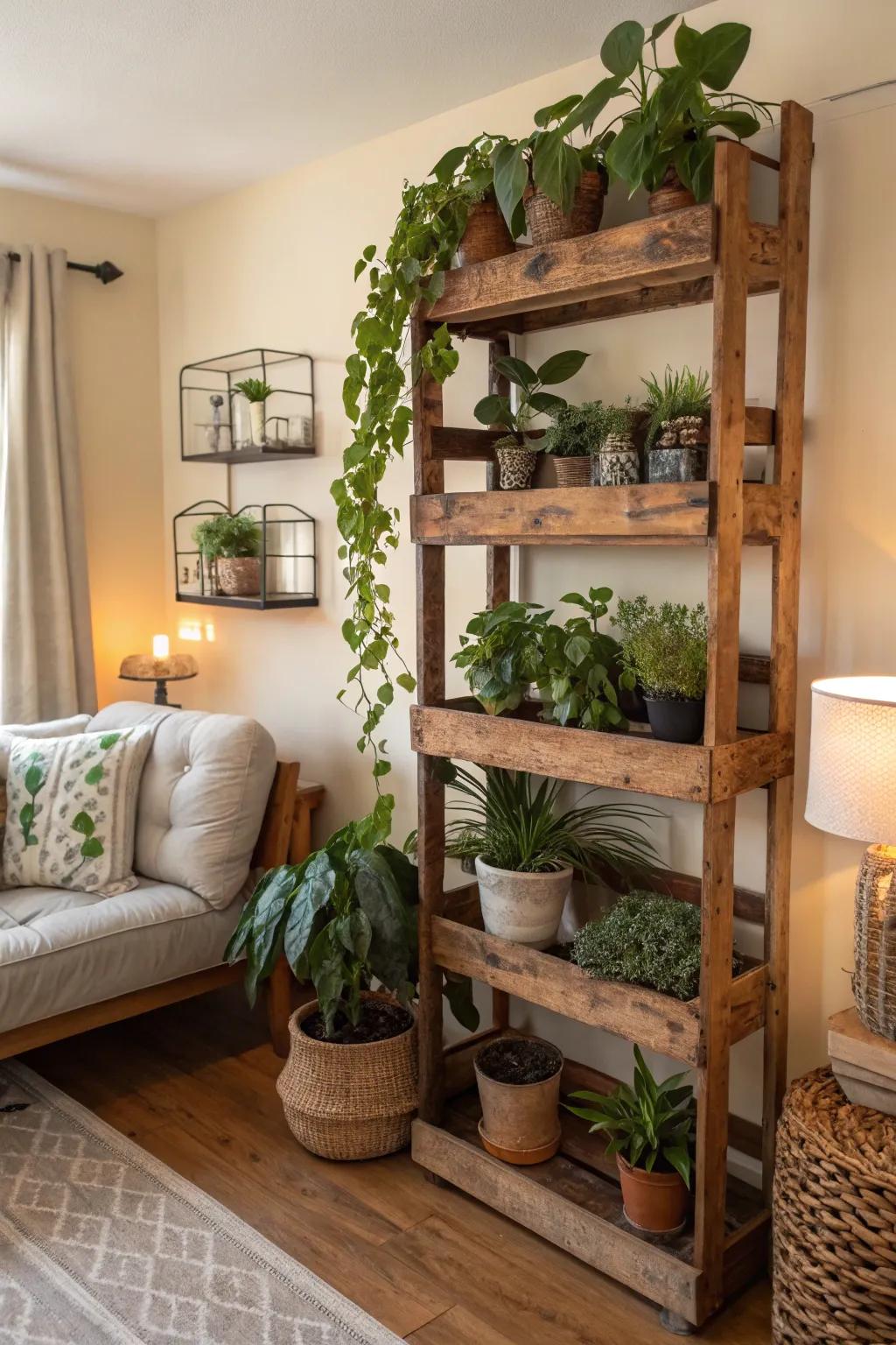 Sustainable beauty with recycled plant shelves.