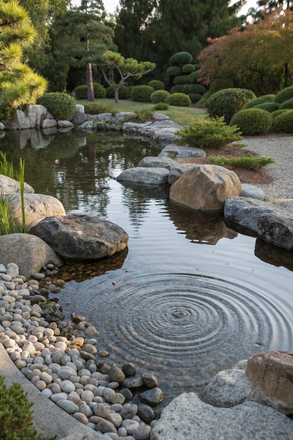 A rock garden providing a textured border for a serene pond.