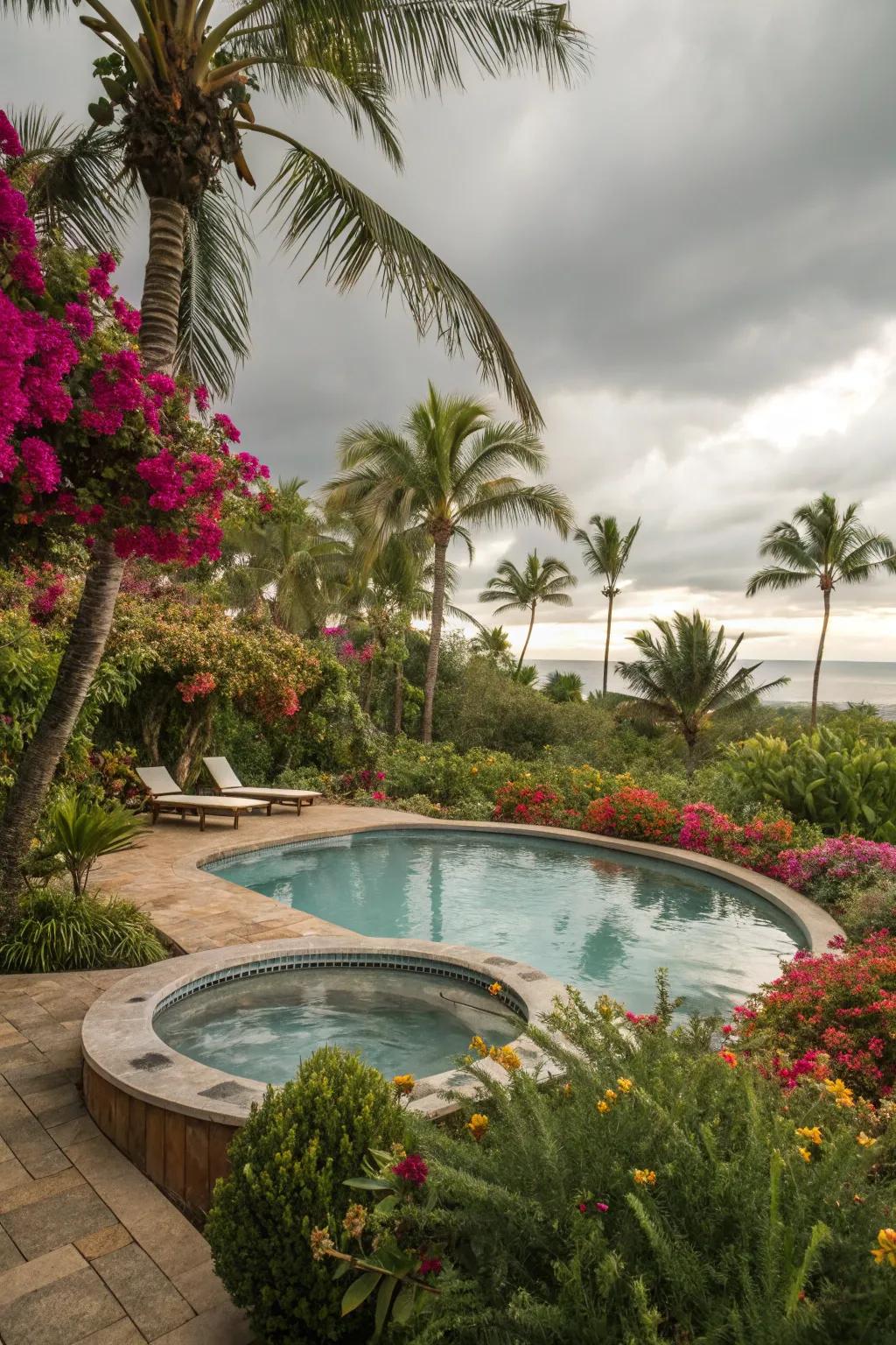 A tropical paradise in your backyard with palm trees and colorful flowers.