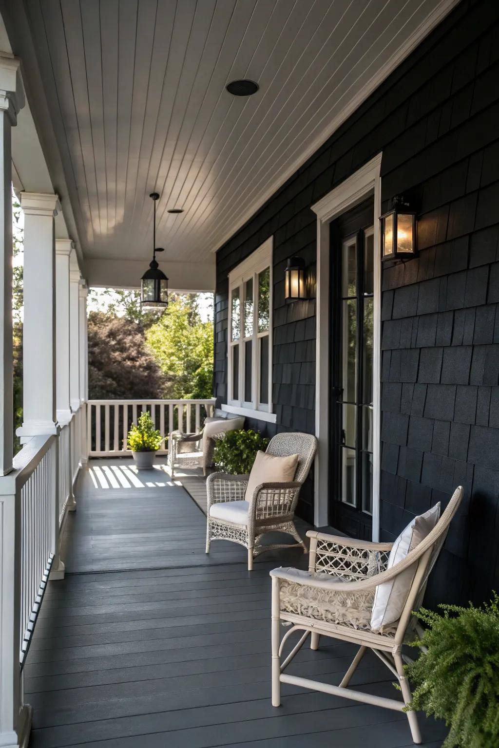 A moody charcoal porch that offers a striking and modern aesthetic.