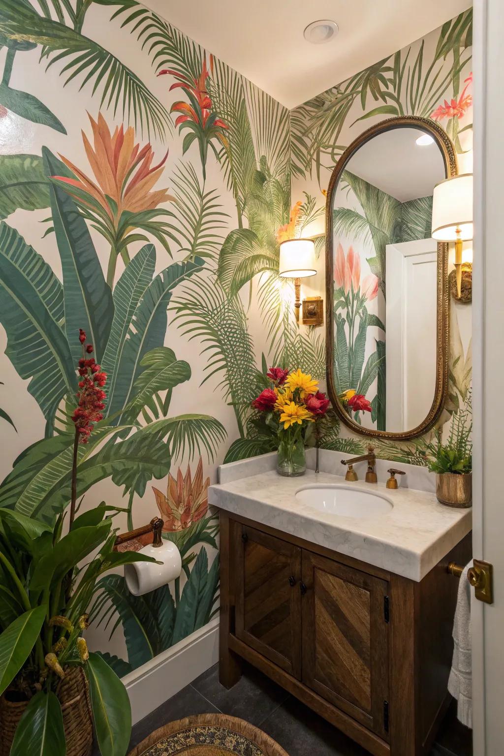 Tropical-themed designs turn your washroom into an exotic escape.