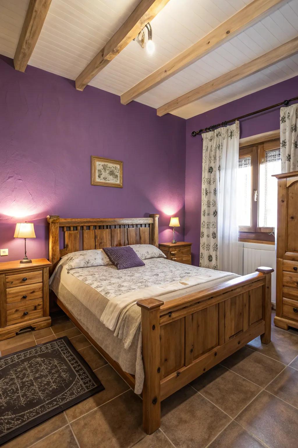 Rustic wooden elements adding charm to purple walls.