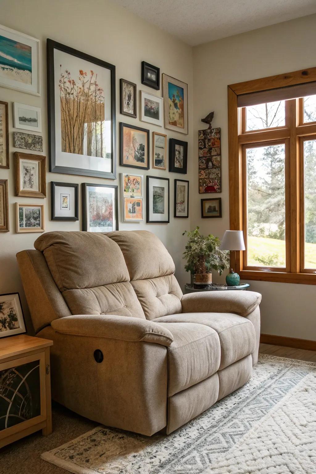 A gallery wall above the recliner sofa adding depth and personality.