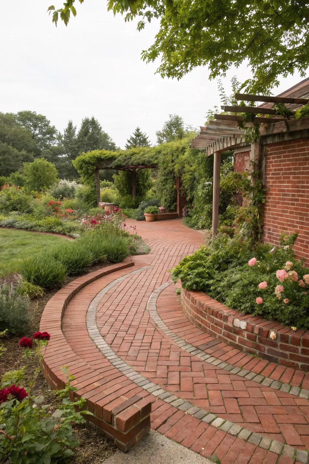 A red brick patio featuring unique and creative pathways