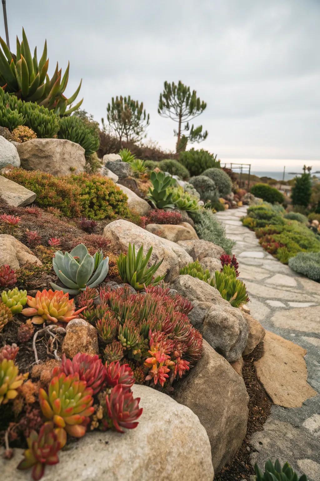 Succulents and rocks create a dynamic and colorful display.