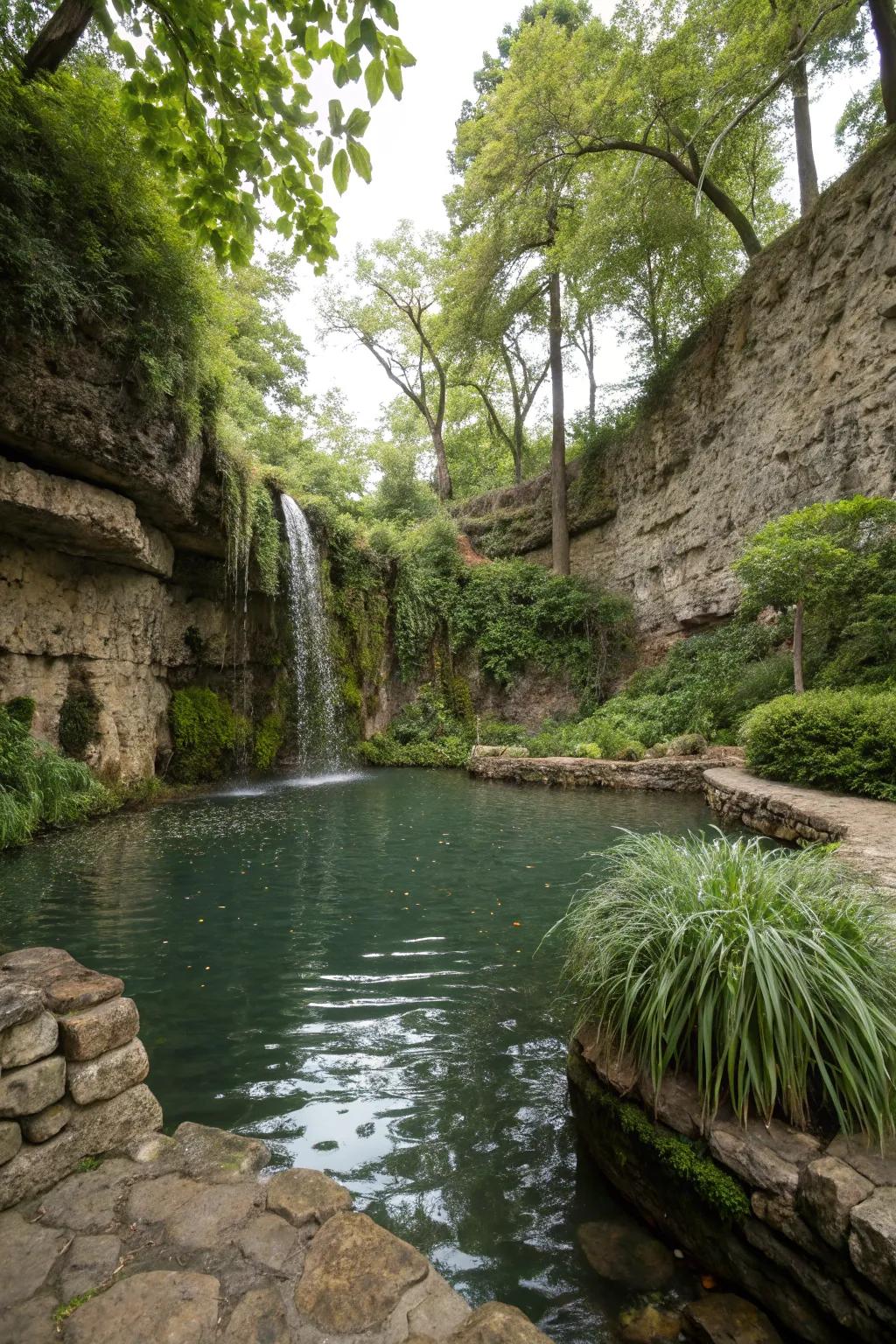 A tranquil water feature surrounded by rock walls adds serenity.