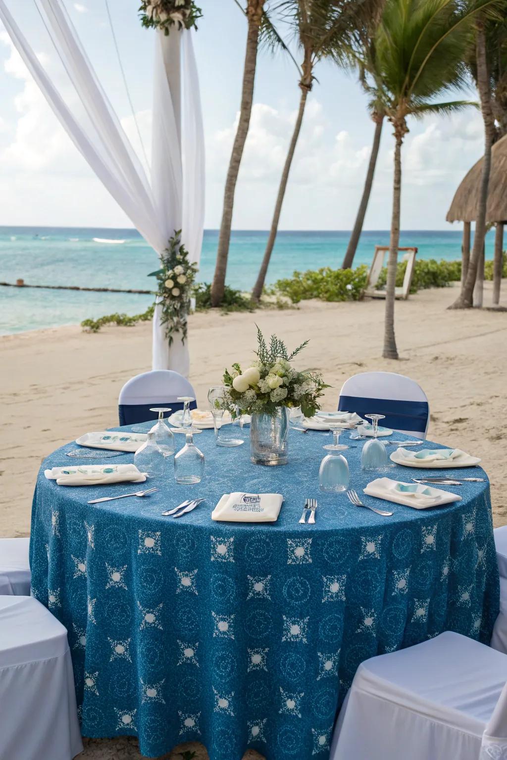 Marine-themed cloth for a serene seaside nuptial.