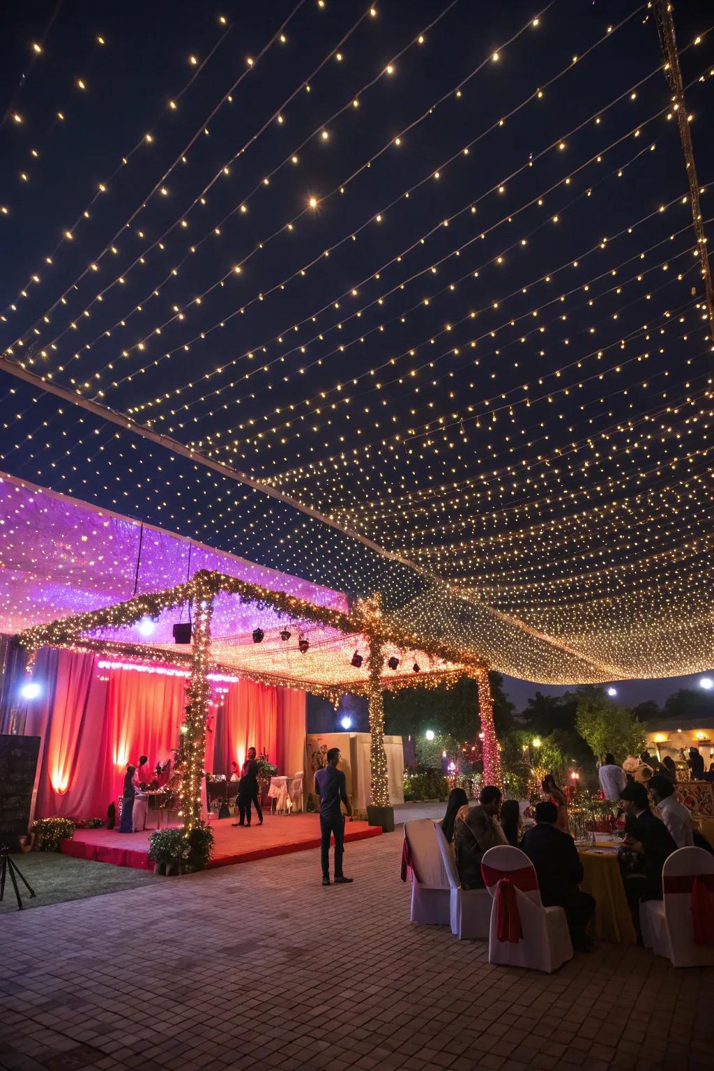 A ceiling of tiny lights mimics a starry sky.