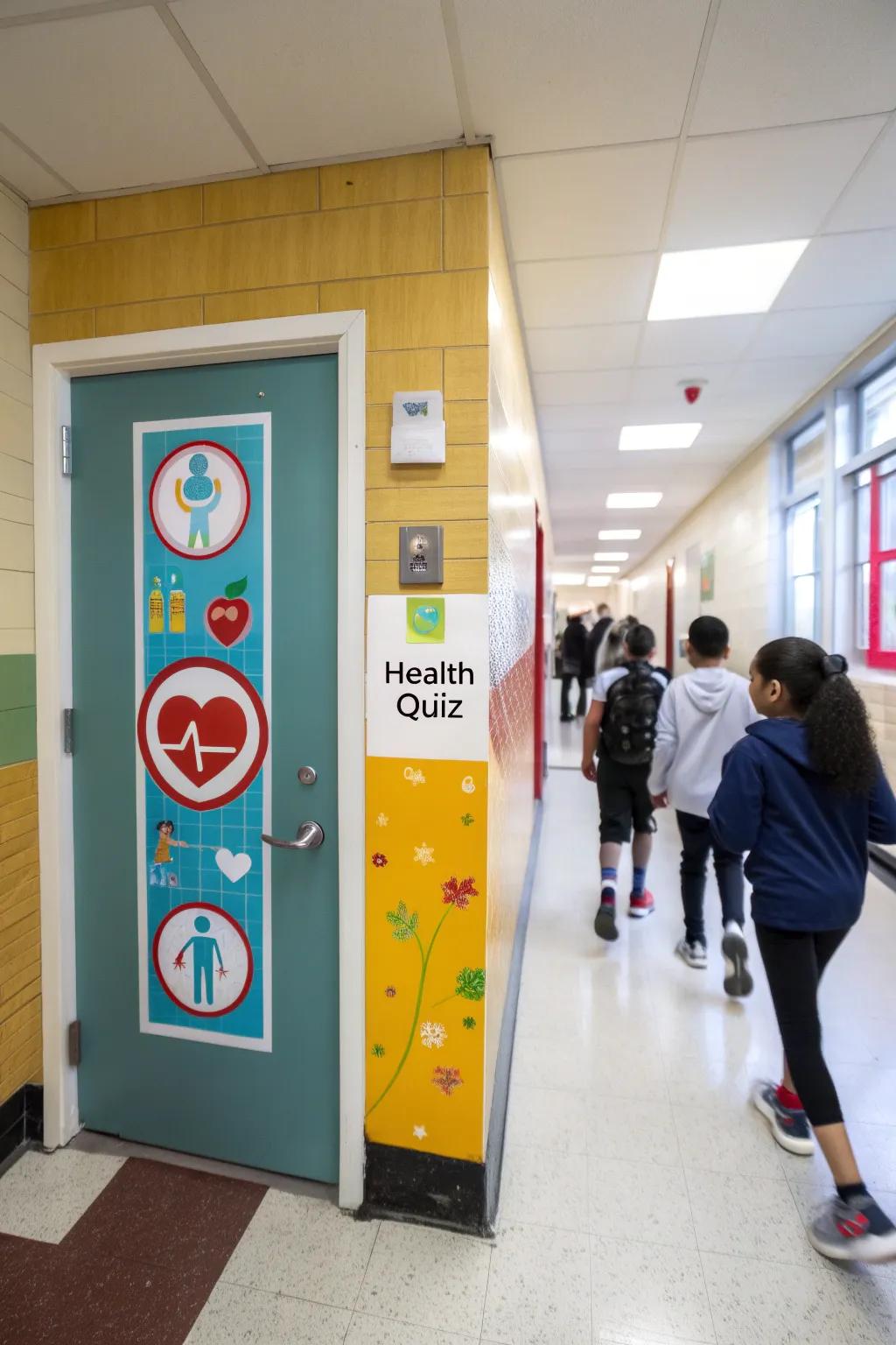 An interactive school nurse door featuring a health quiz for students.