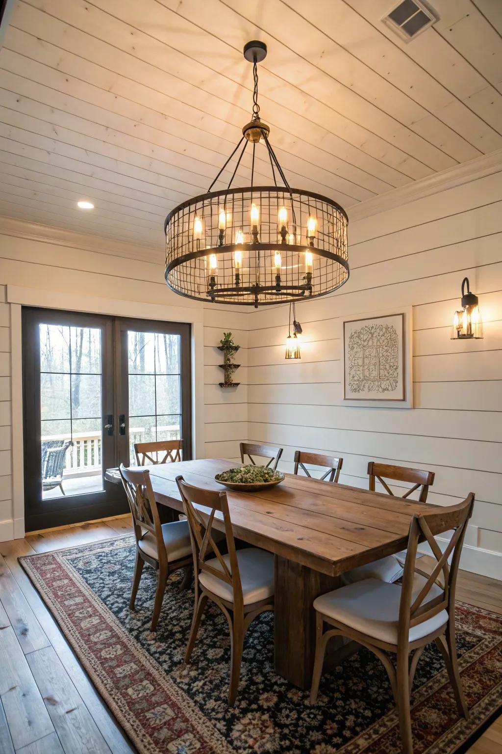 A dining room with a statement chandelier and shiplap walls.