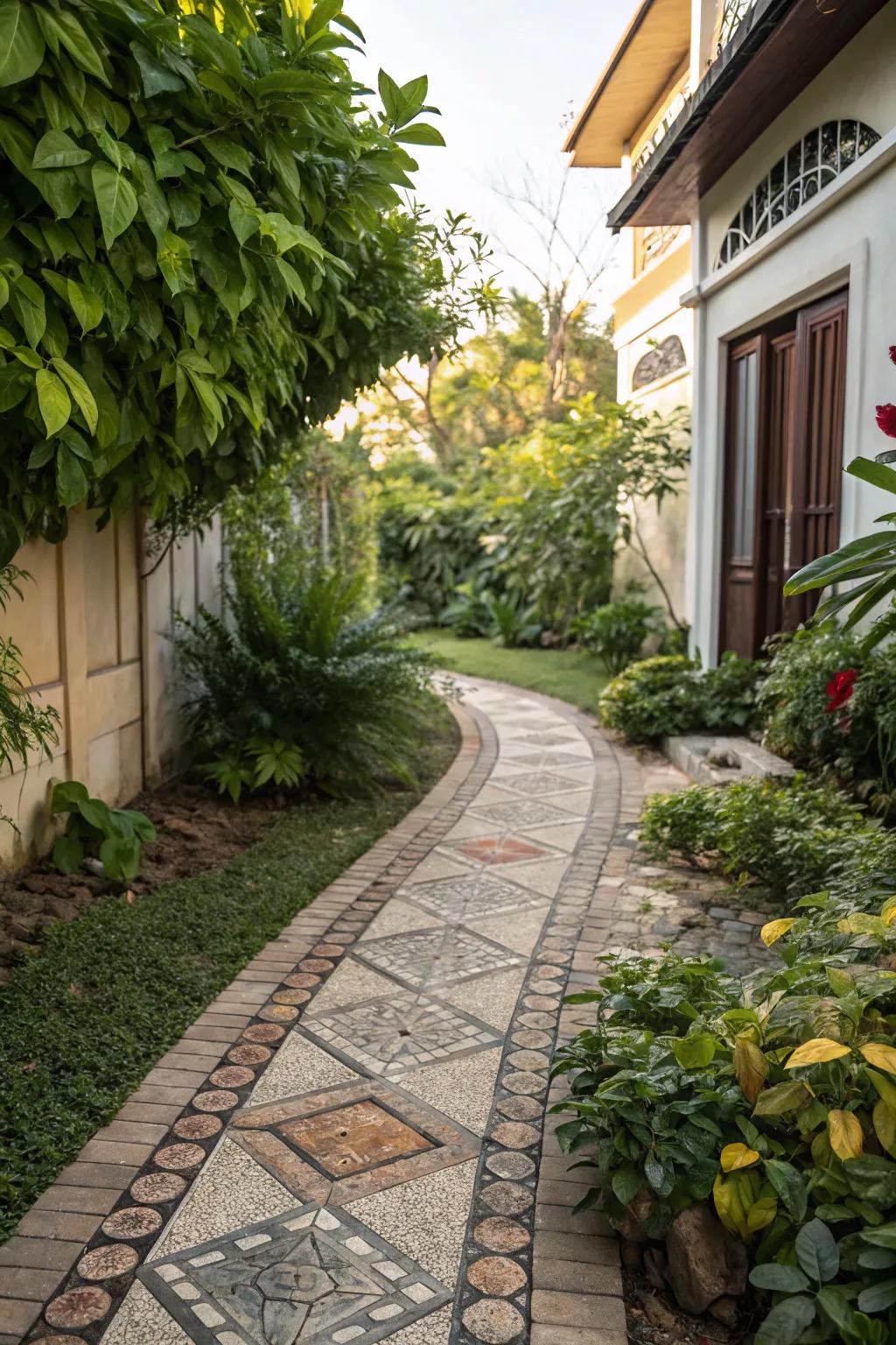 Mosaic pavers add an artistic flair to your side yard.