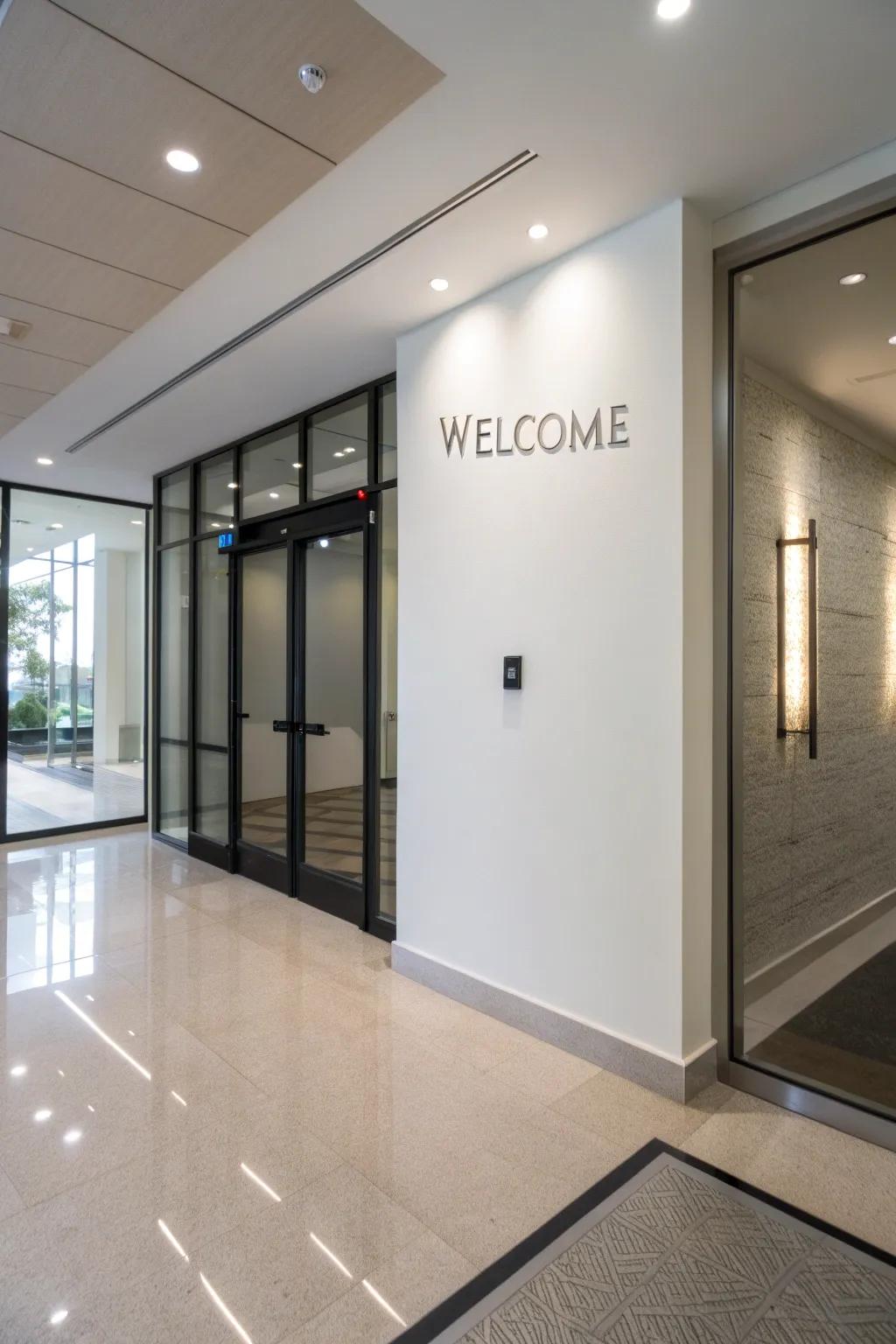 A modern entryway with a minimalist 'Welcome' sign on the wall.