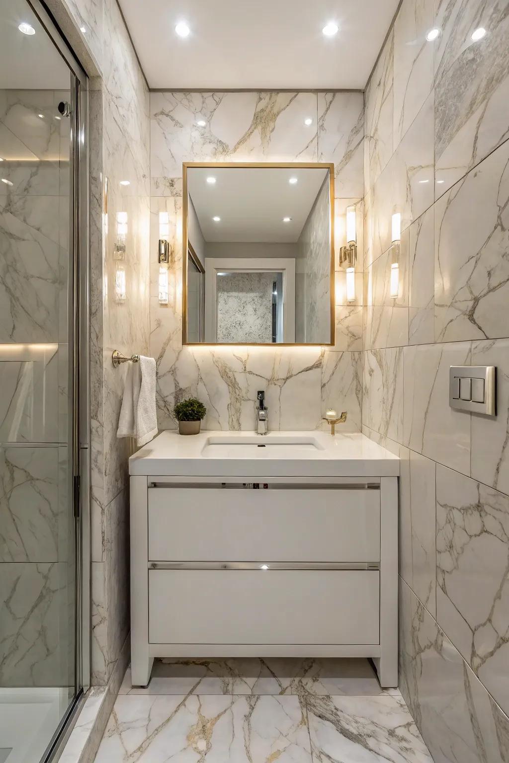 Marble-look tiles offer elegance at an affordable price.