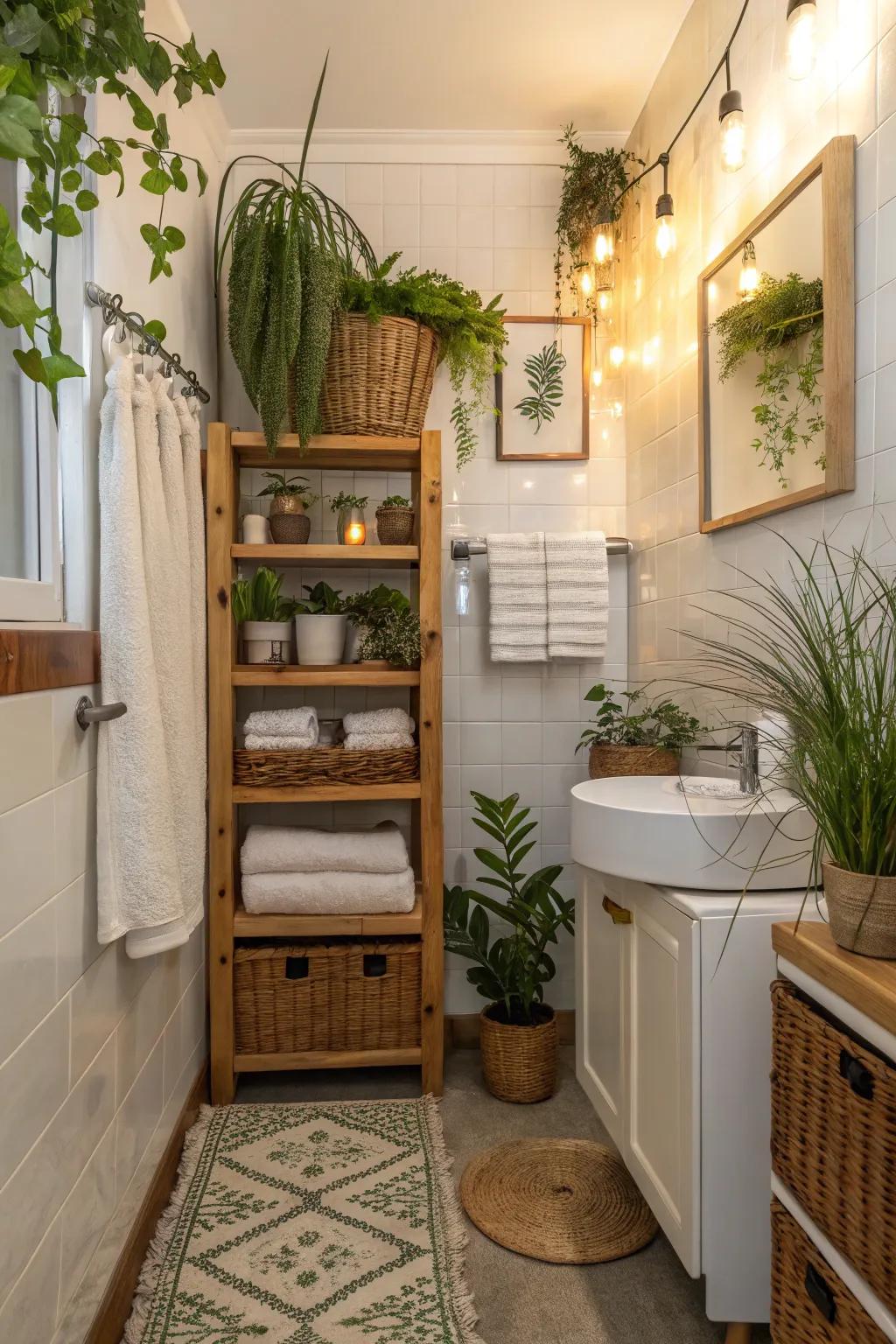 Plants add a refreshing touch to towel storage areas.