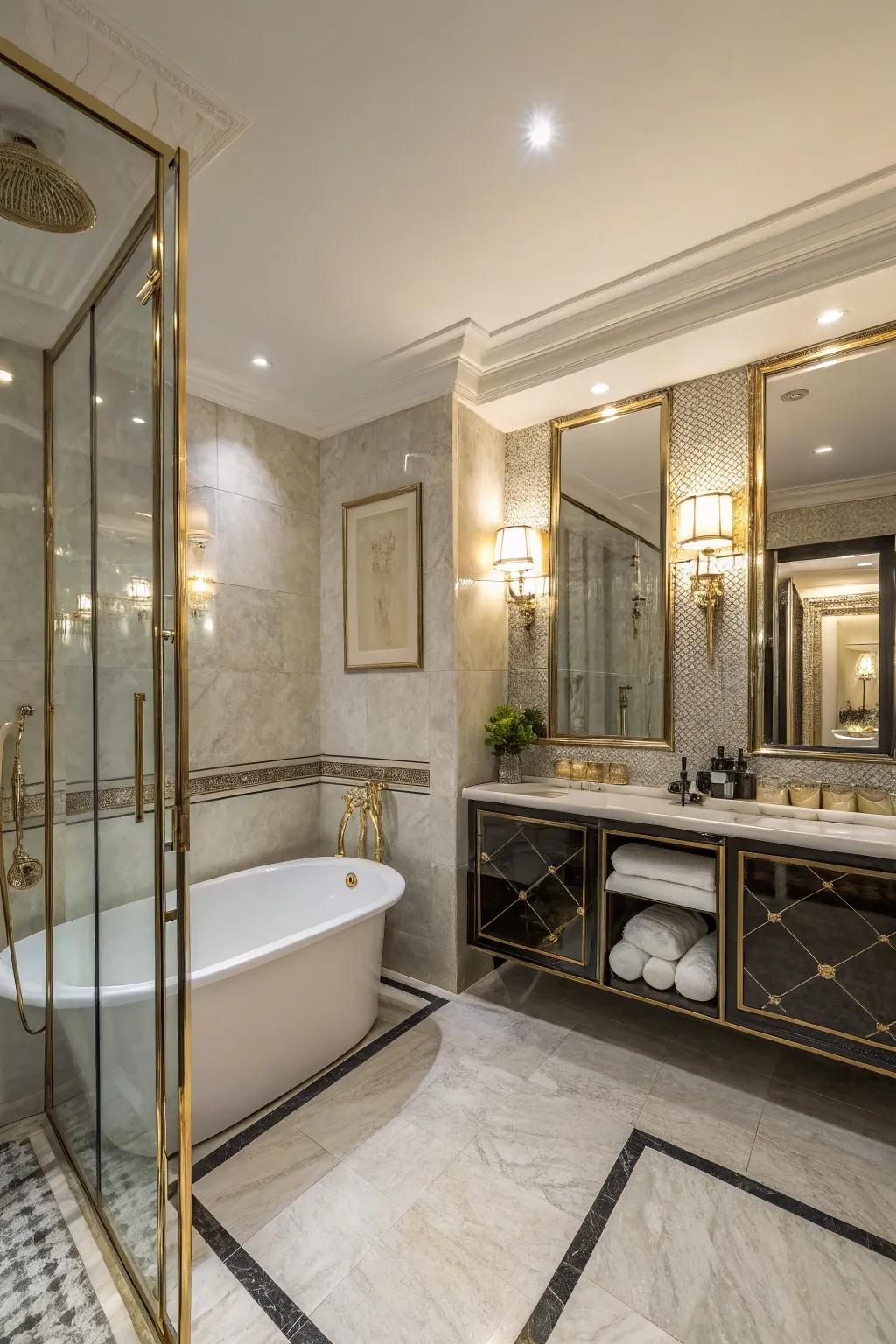 Mirrored segments in a diminutive bathroom, maximizing space and radiance.