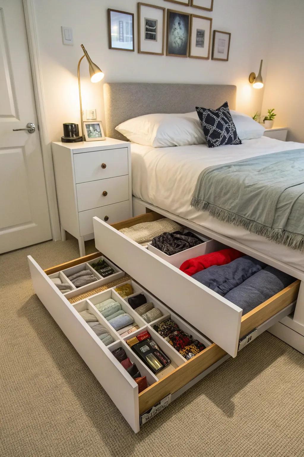 Under-bed storage keeps belongings neatly tucked away.