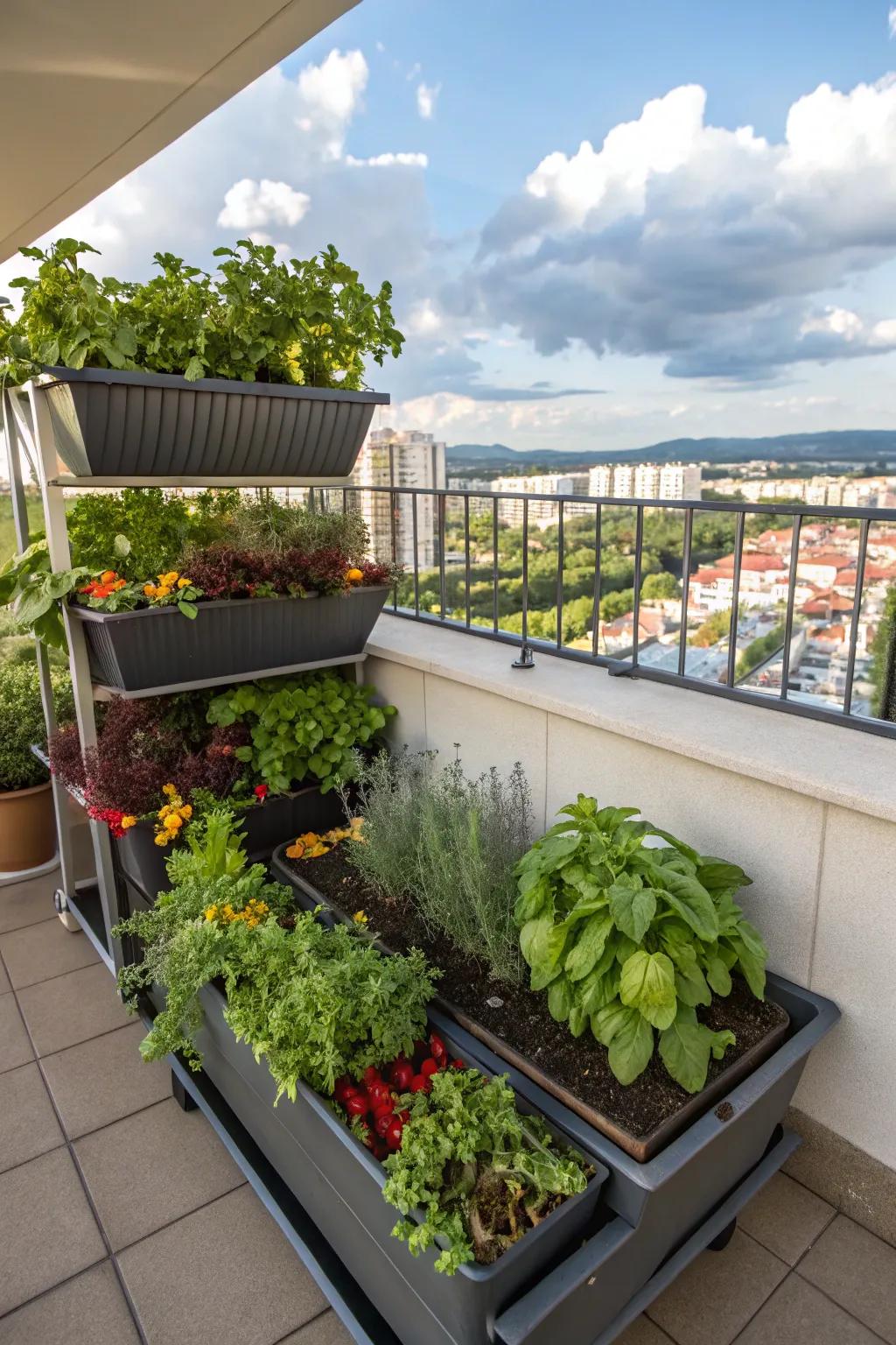 Balcony planters convert city spaces into lush garden settings.