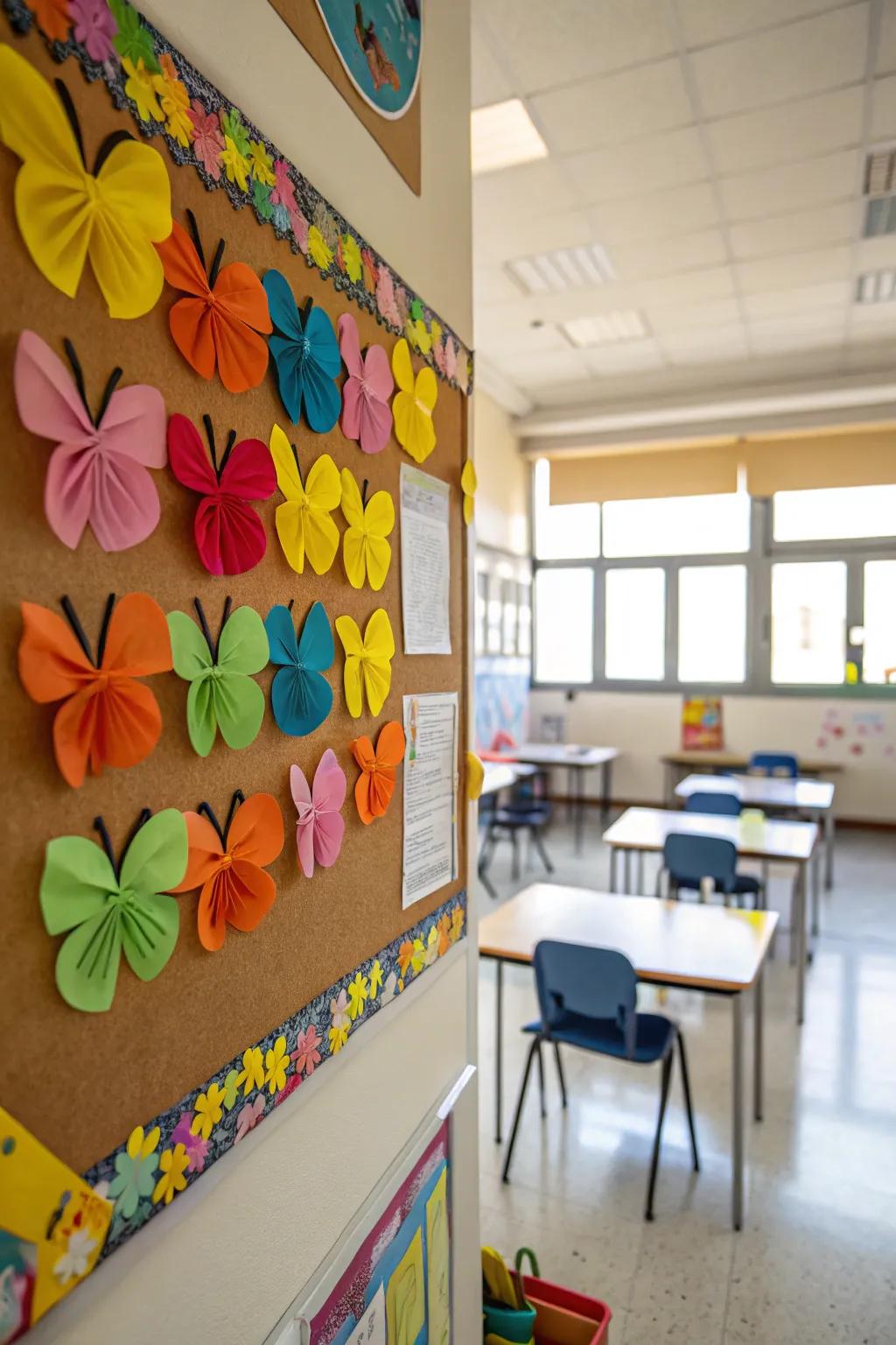 A vibrant bulletin board with coffee filter butterflies, welcoming spring's arrival.