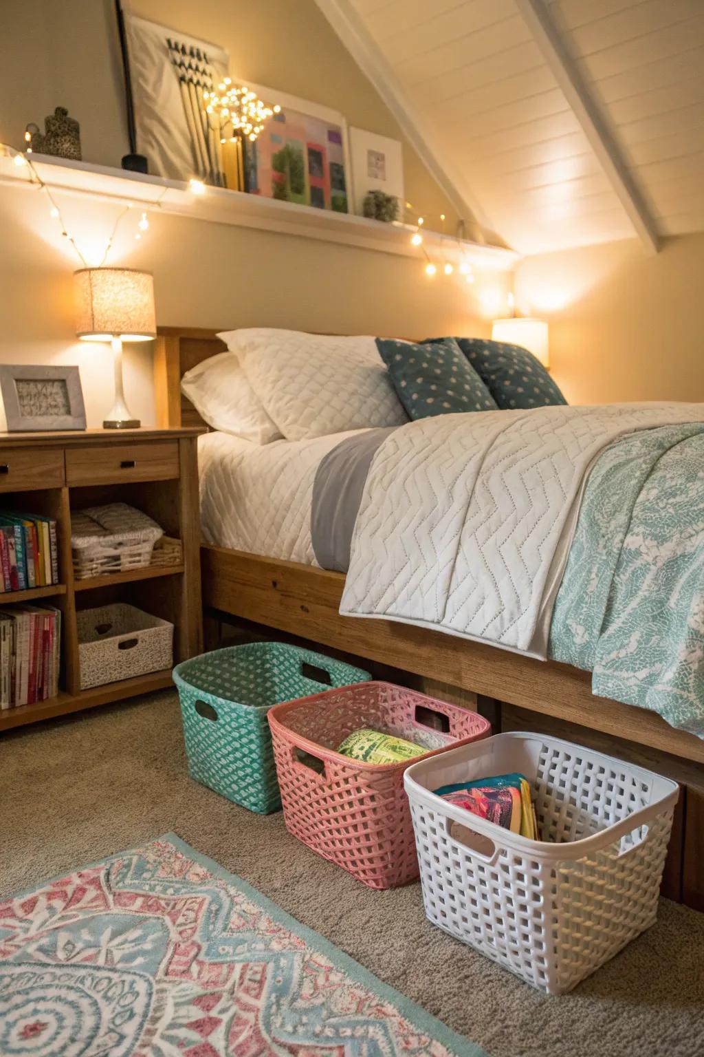 Bedroom with stylish storage baskets under the bed.