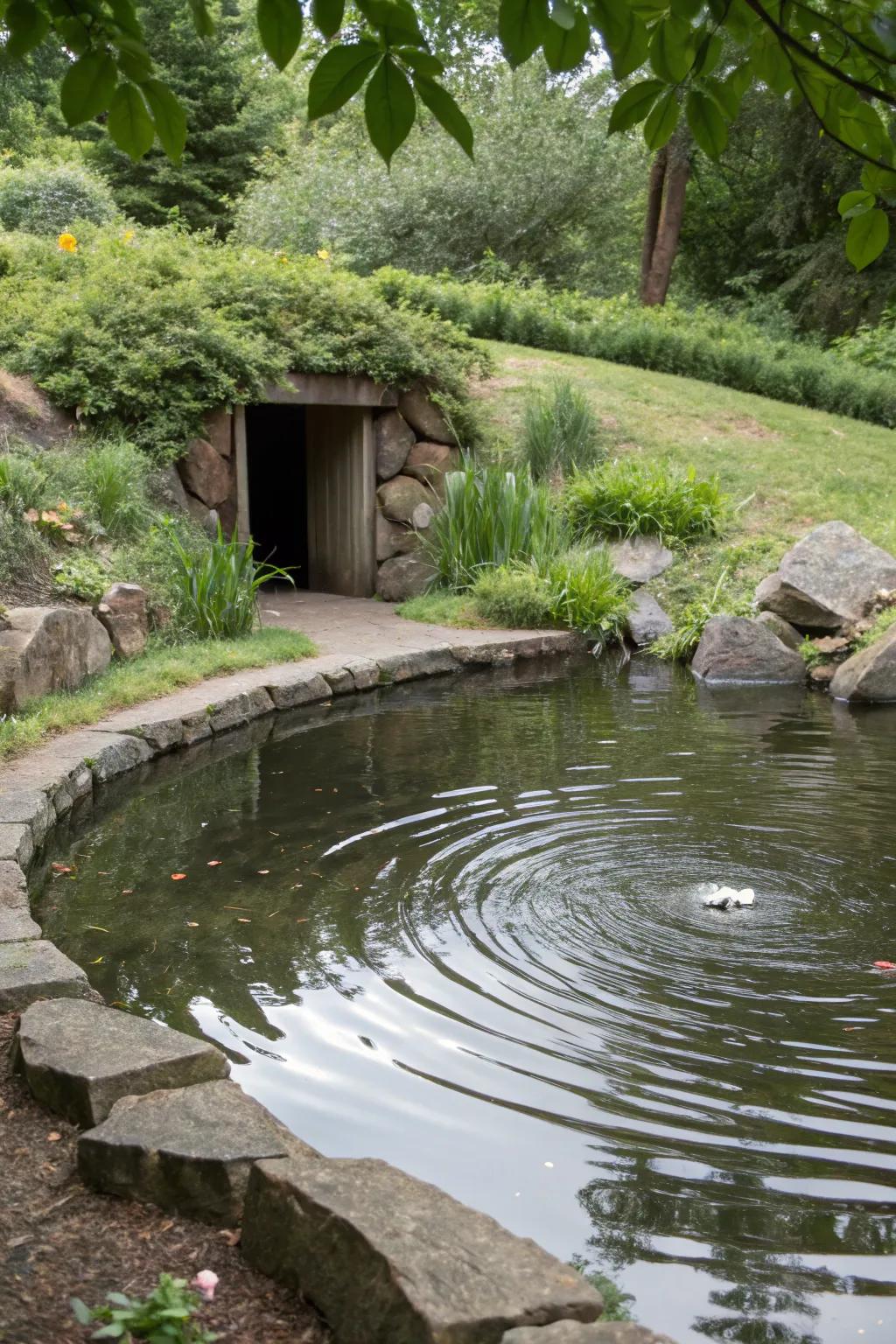 A water feature adds tranquility to the storm shelter area.