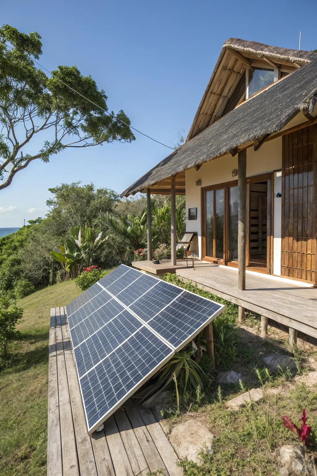 Solar panels powering a sustainable island home.