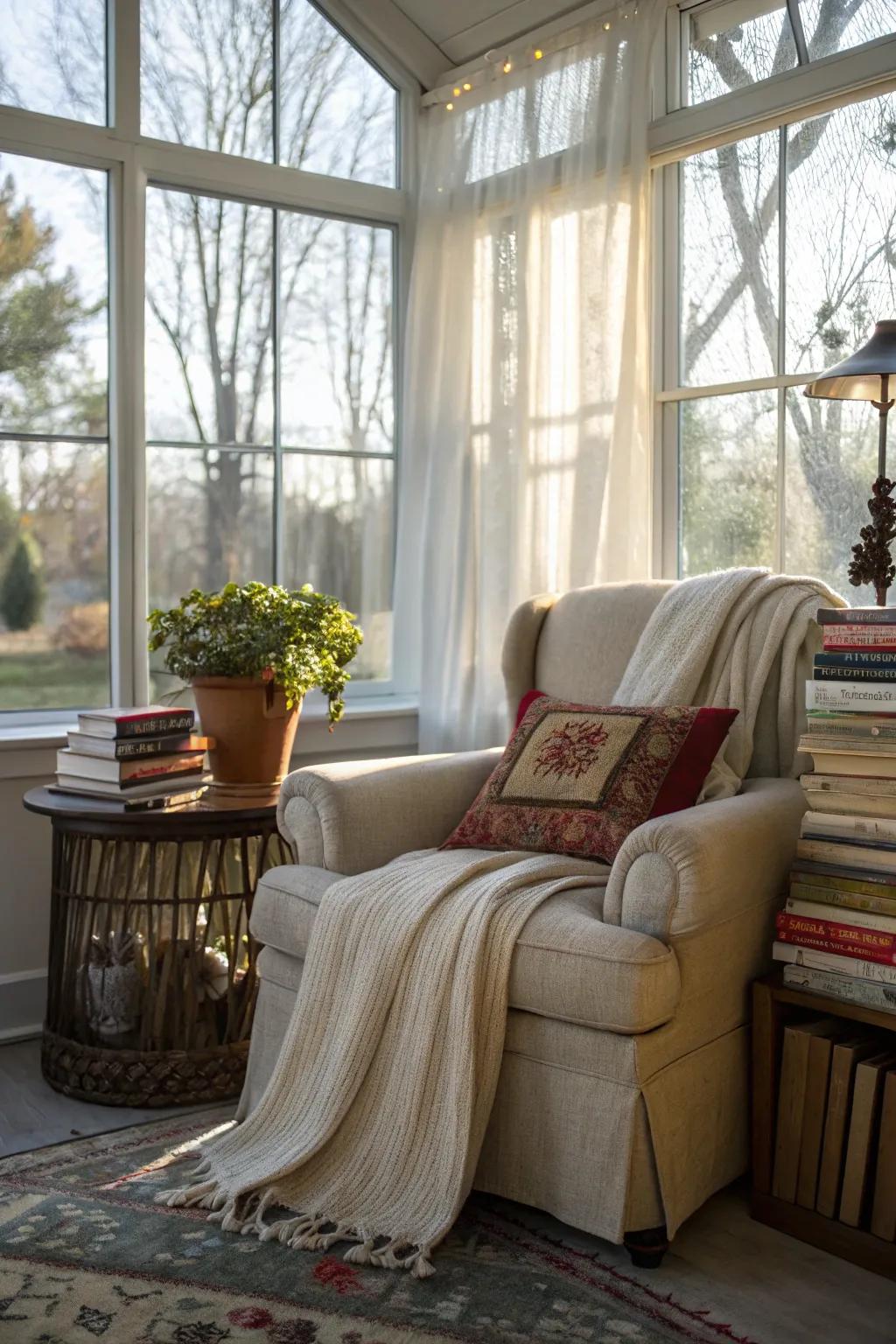 A reading corner offers a peaceful retreat in the sunroom.