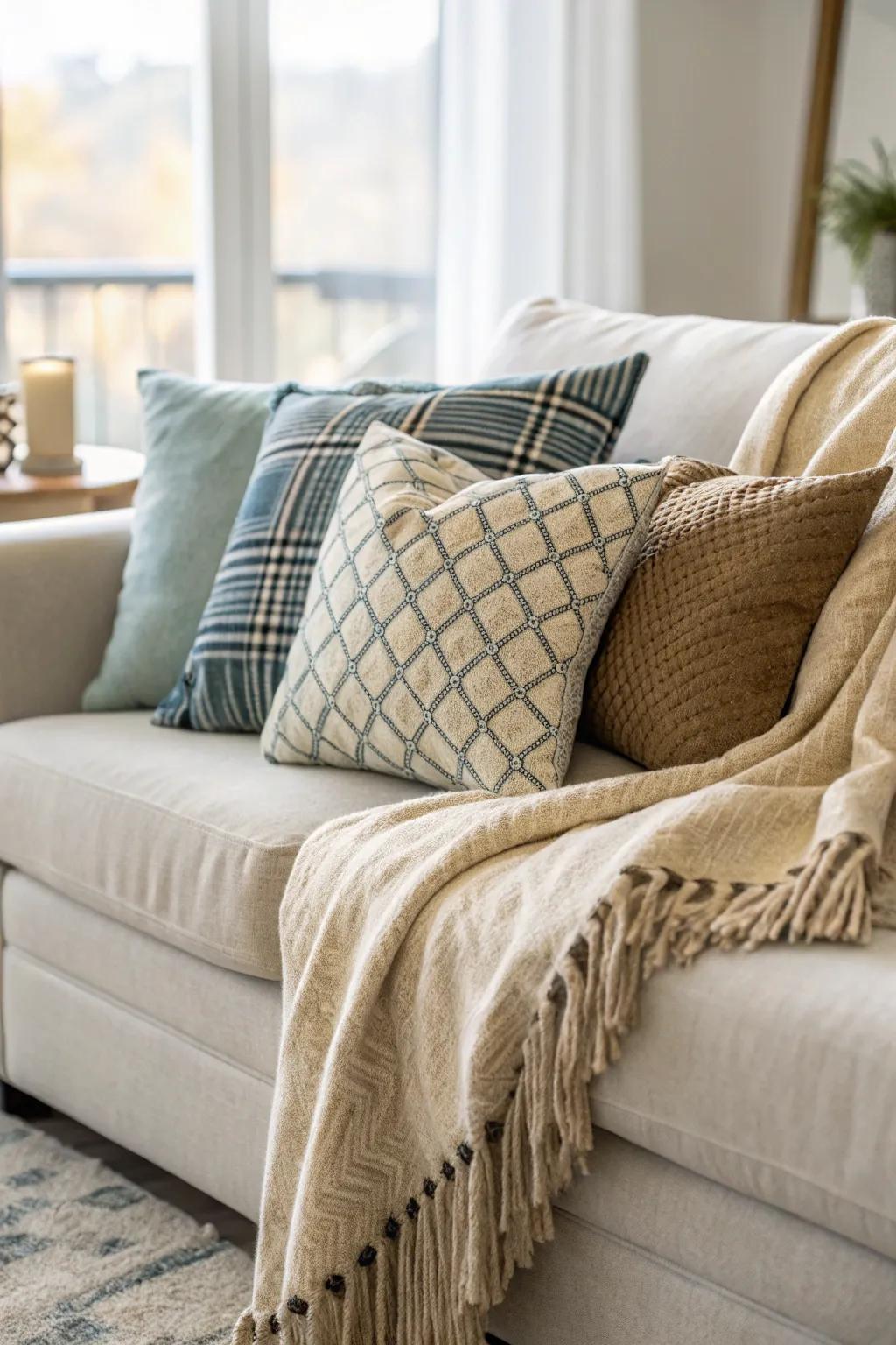 A welcoming setting featuring a cozy throw blanket arranged with pillows.