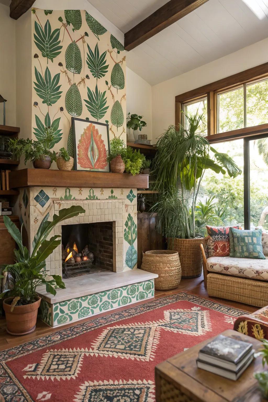 Tropical cladding brings a fresh and exotic touch to this lively fireplace.
