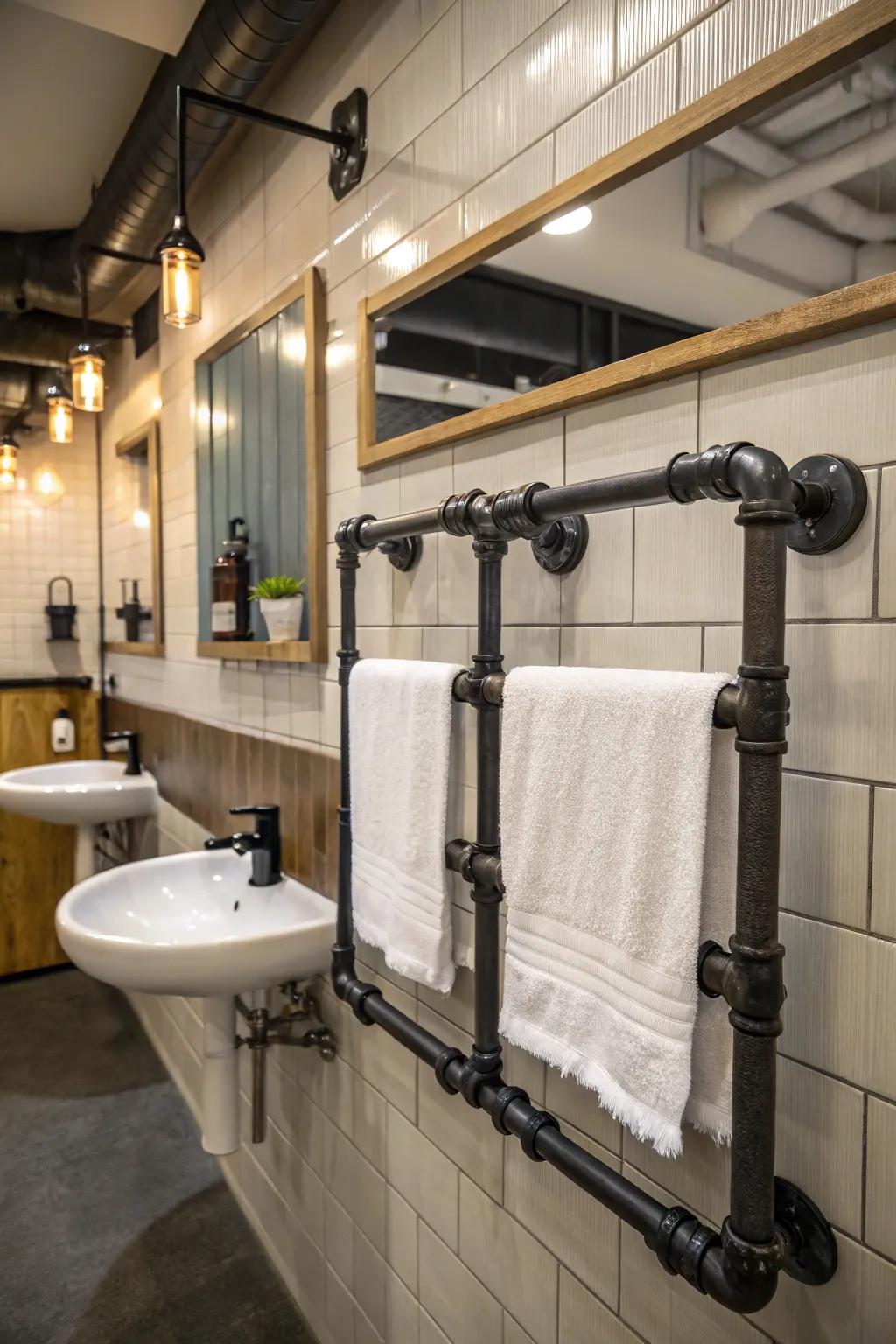 Industrial pipes bring a rugged charm to towel hanging solutions.