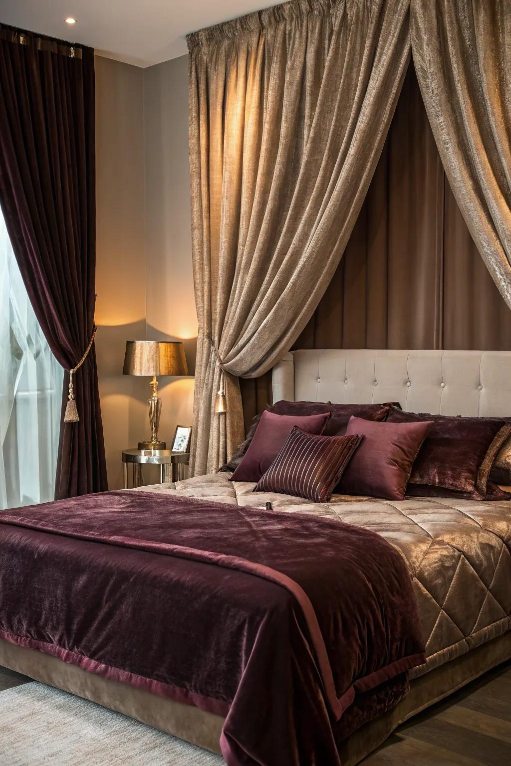 Opulent textures such as velvet and silk contribute depth.
