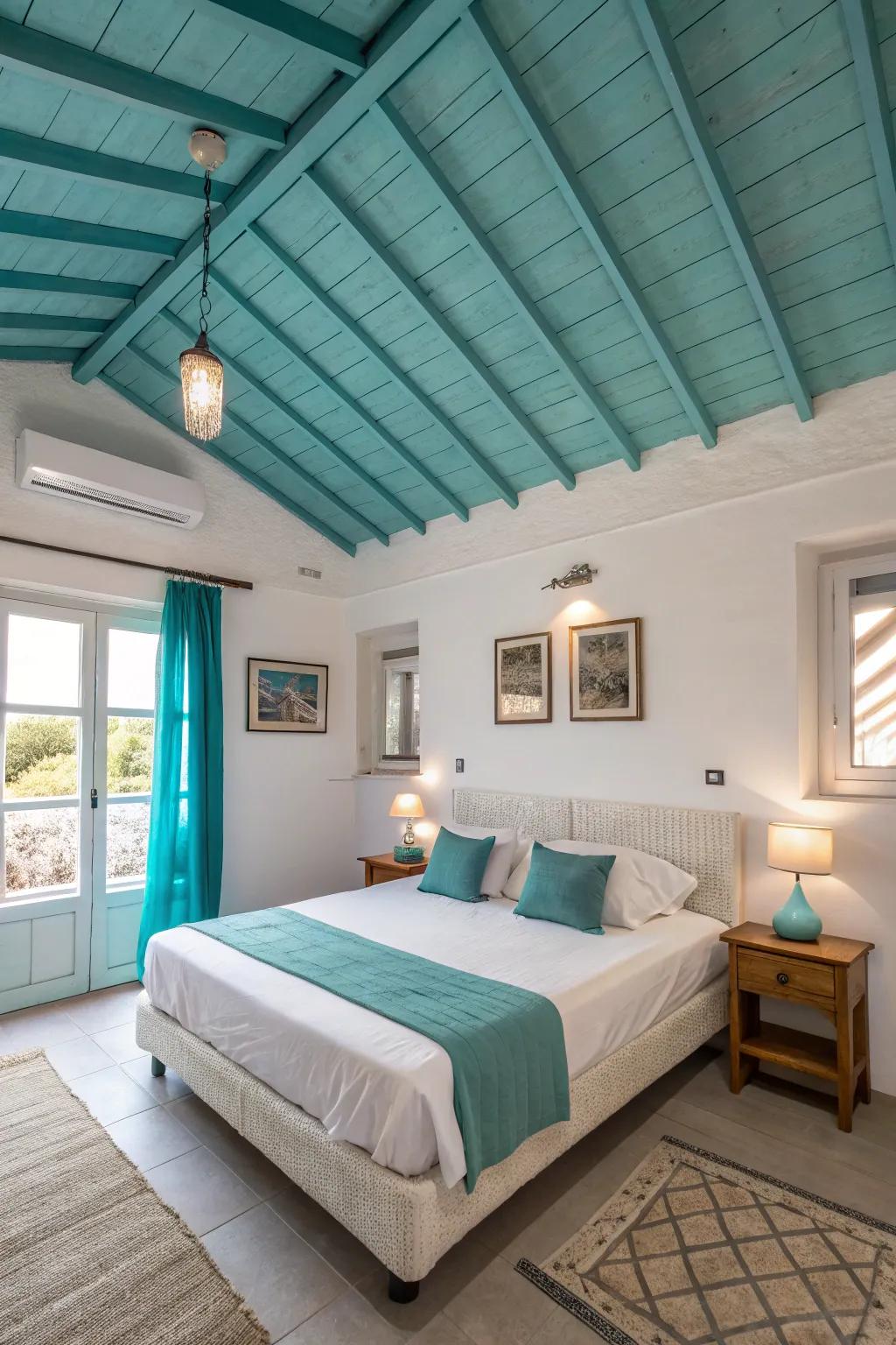 A turquoise ceiling adds a surprising and delightful twist to this bedroom.