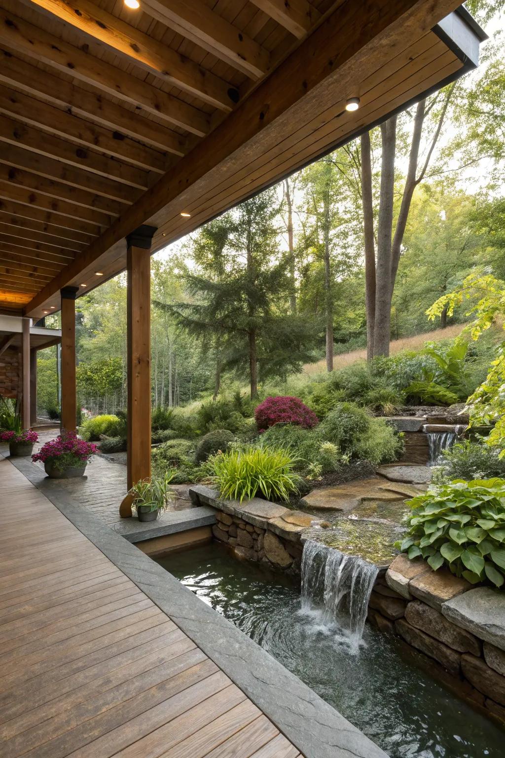 A tranquil under deck retreat with a soothing water feature.