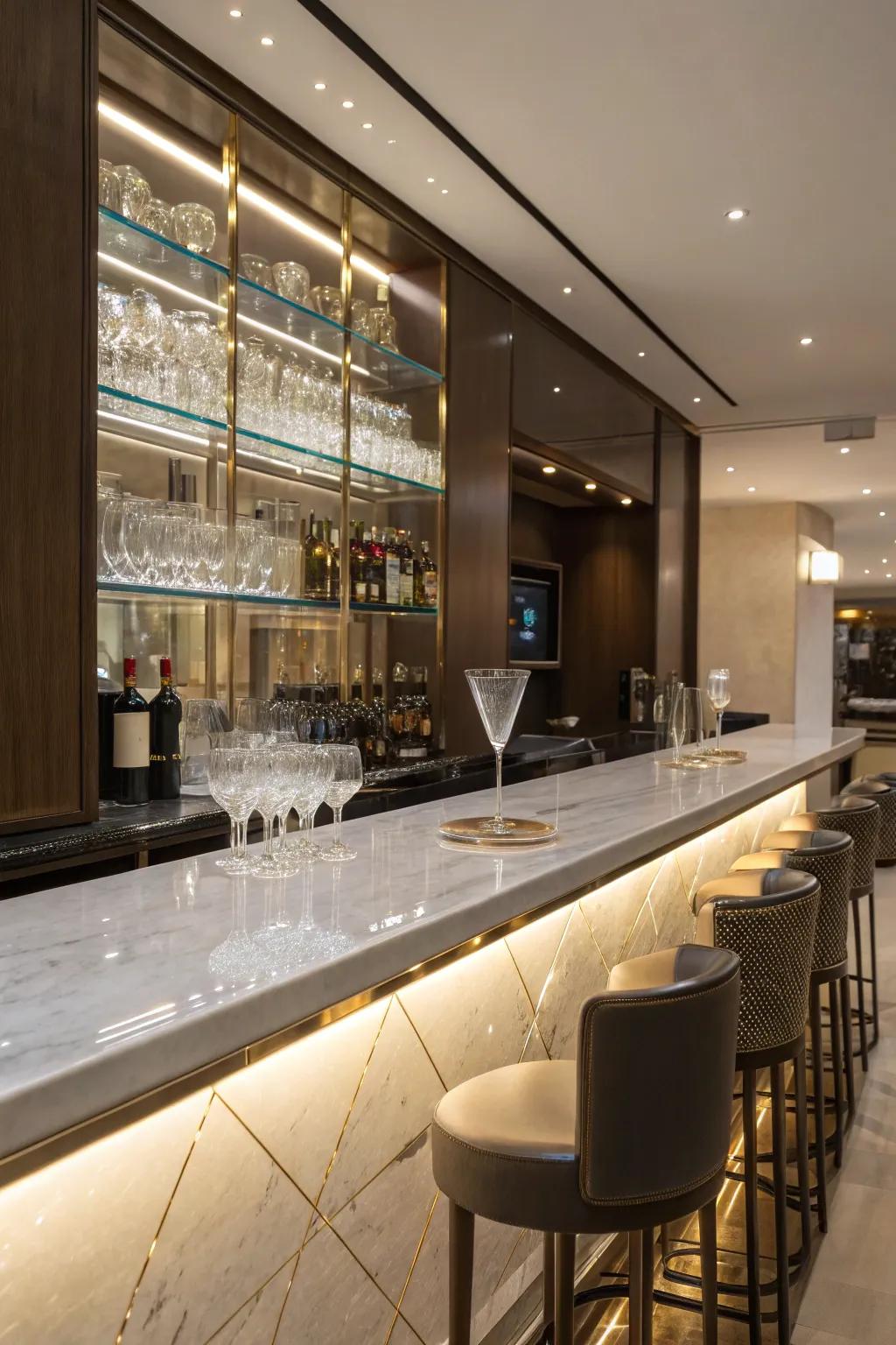 Polished countertops add a luxurious feel to your home bar setup.