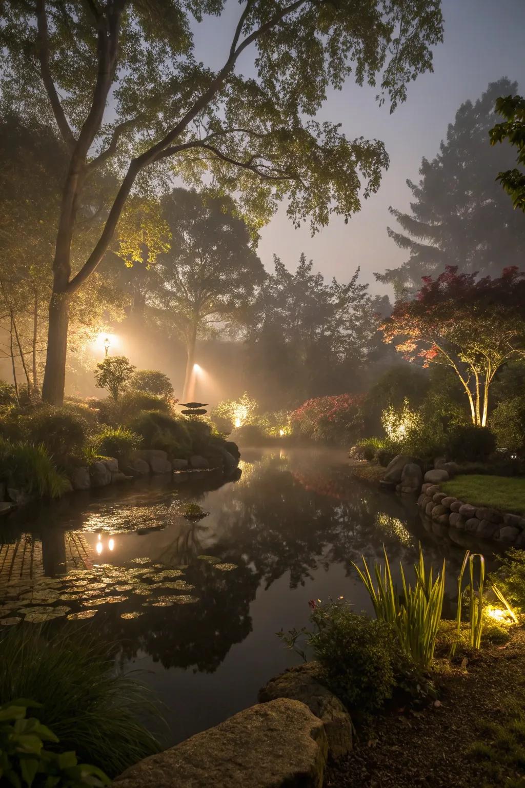 Landscape lighting conjures a magical evening ambiance.