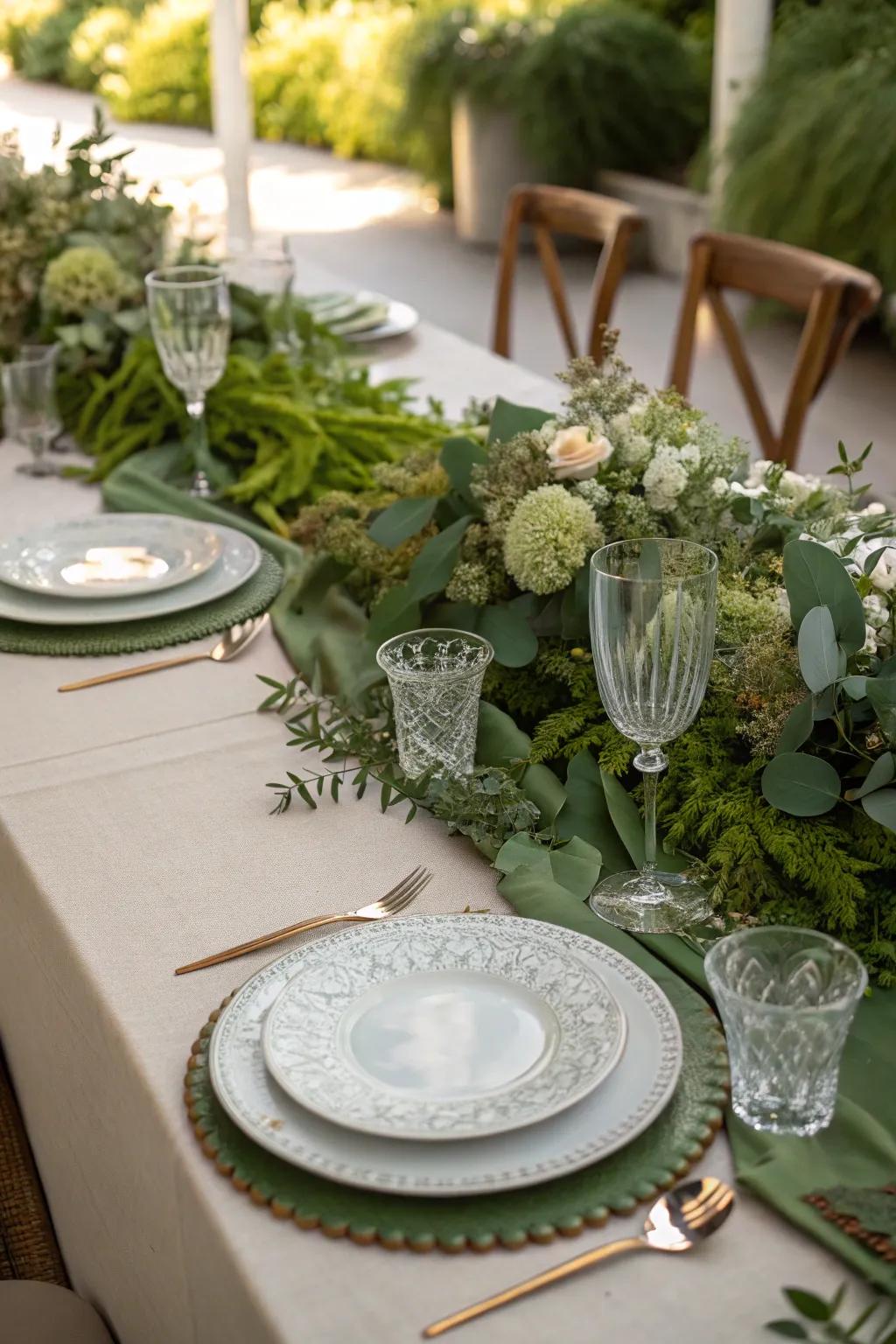 A fresh greenery runner adorns the wedding table.