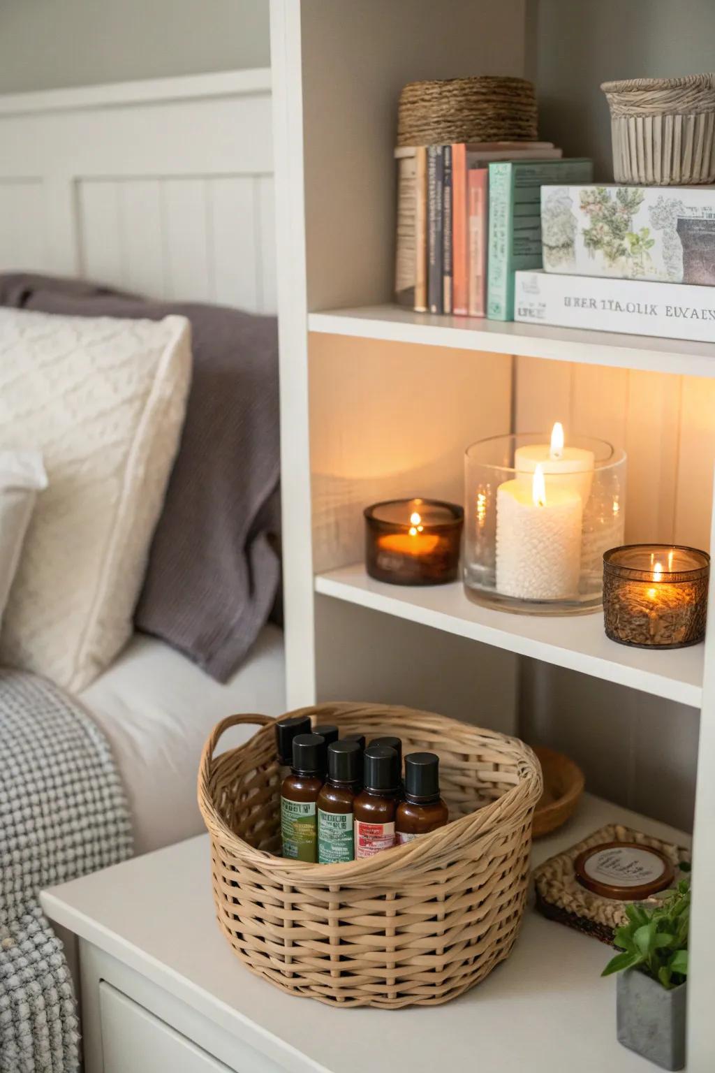 An aromatherapy basket enhances relaxation in your bedroom.