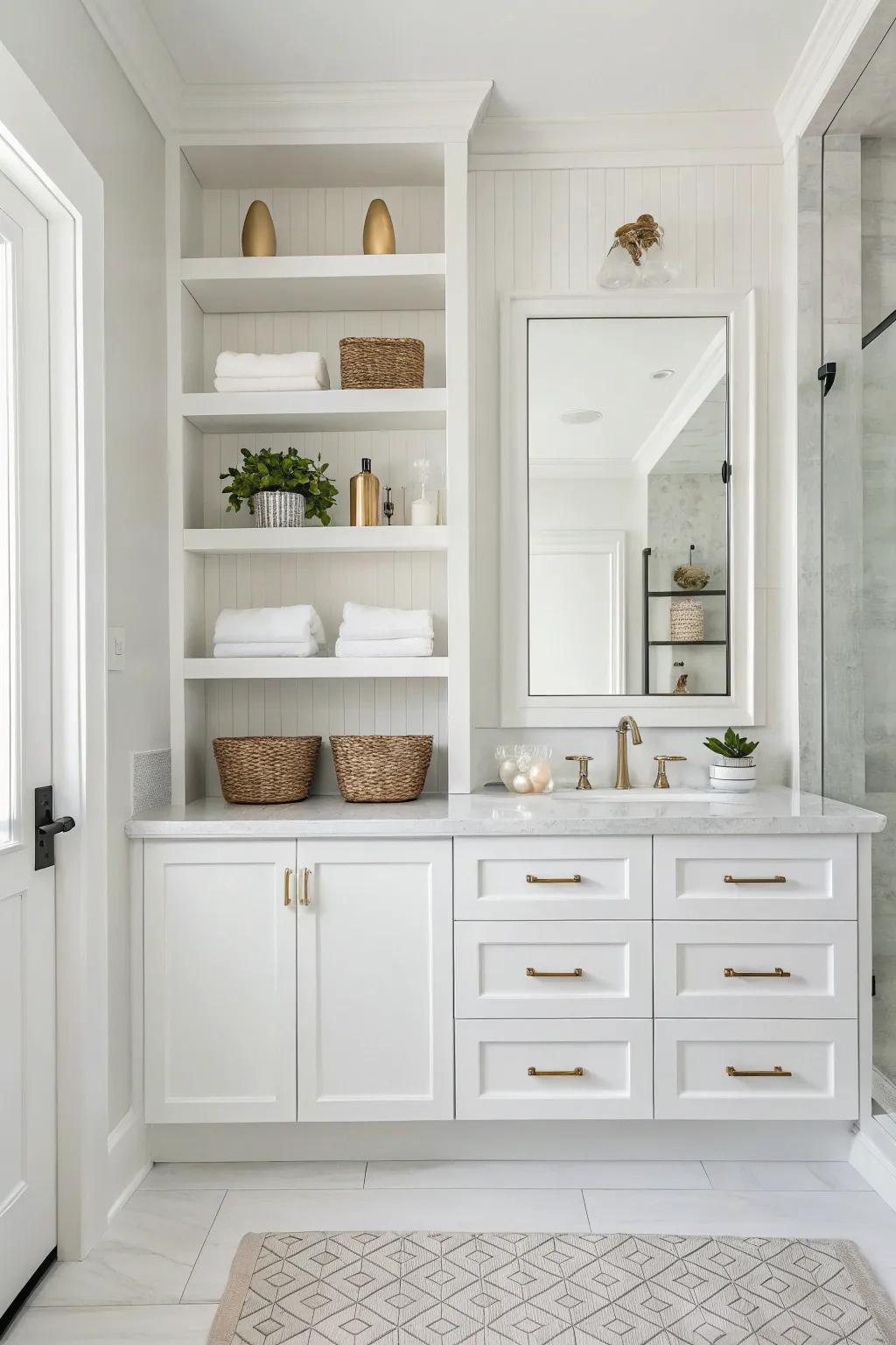 Minimalist storage keeps the white bathroom clean and organized.