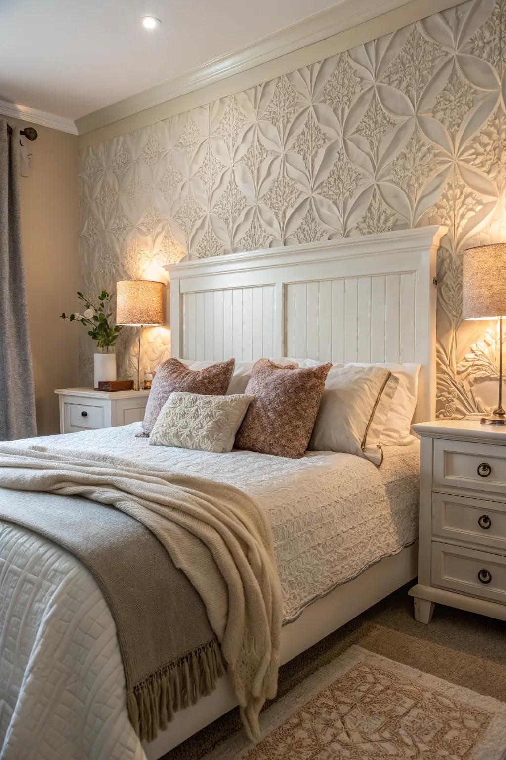 Textured walls create a captivating backdrop for a white headboard.