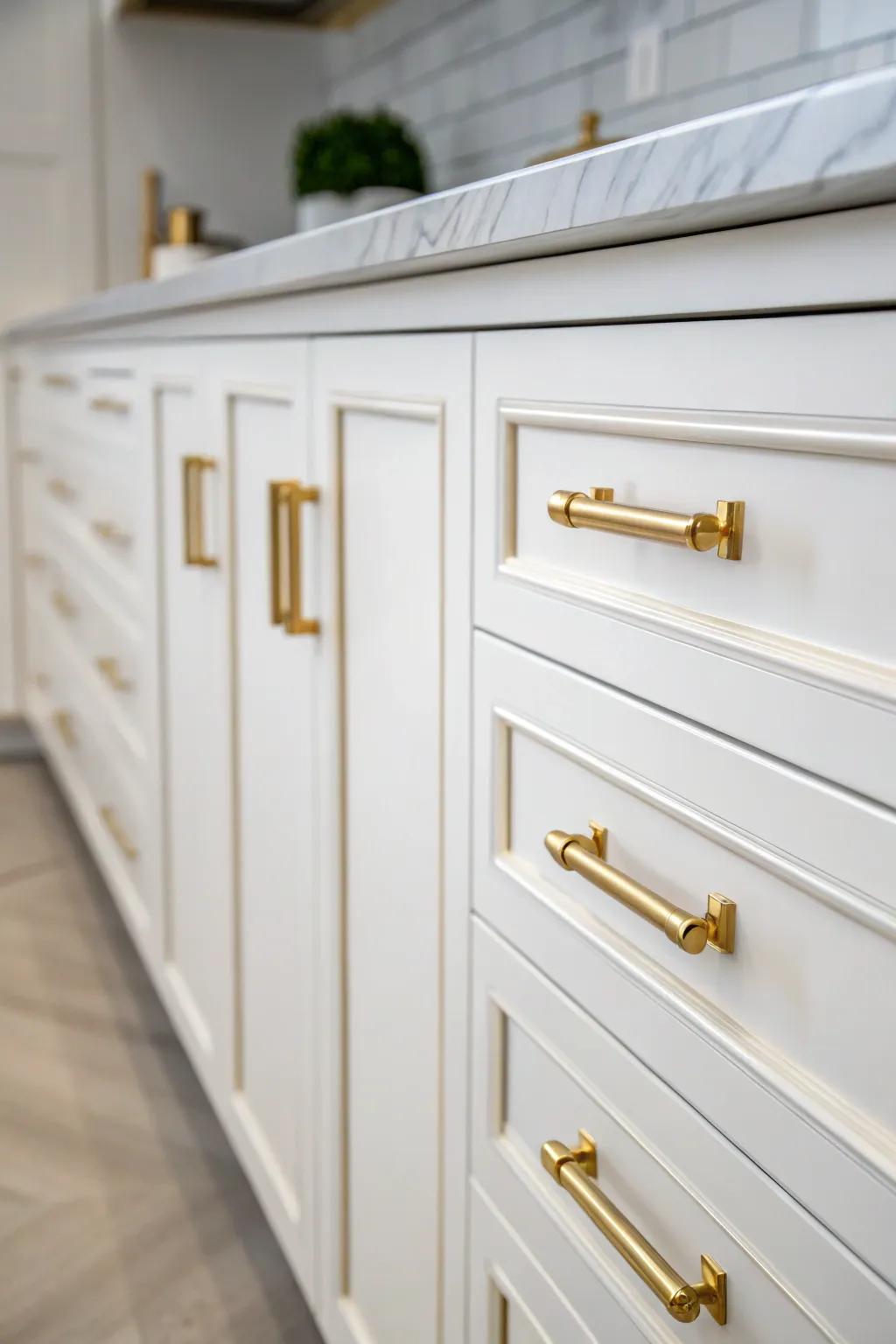 Gold hardware adds a luxurious touch to white kitchen cabinets.