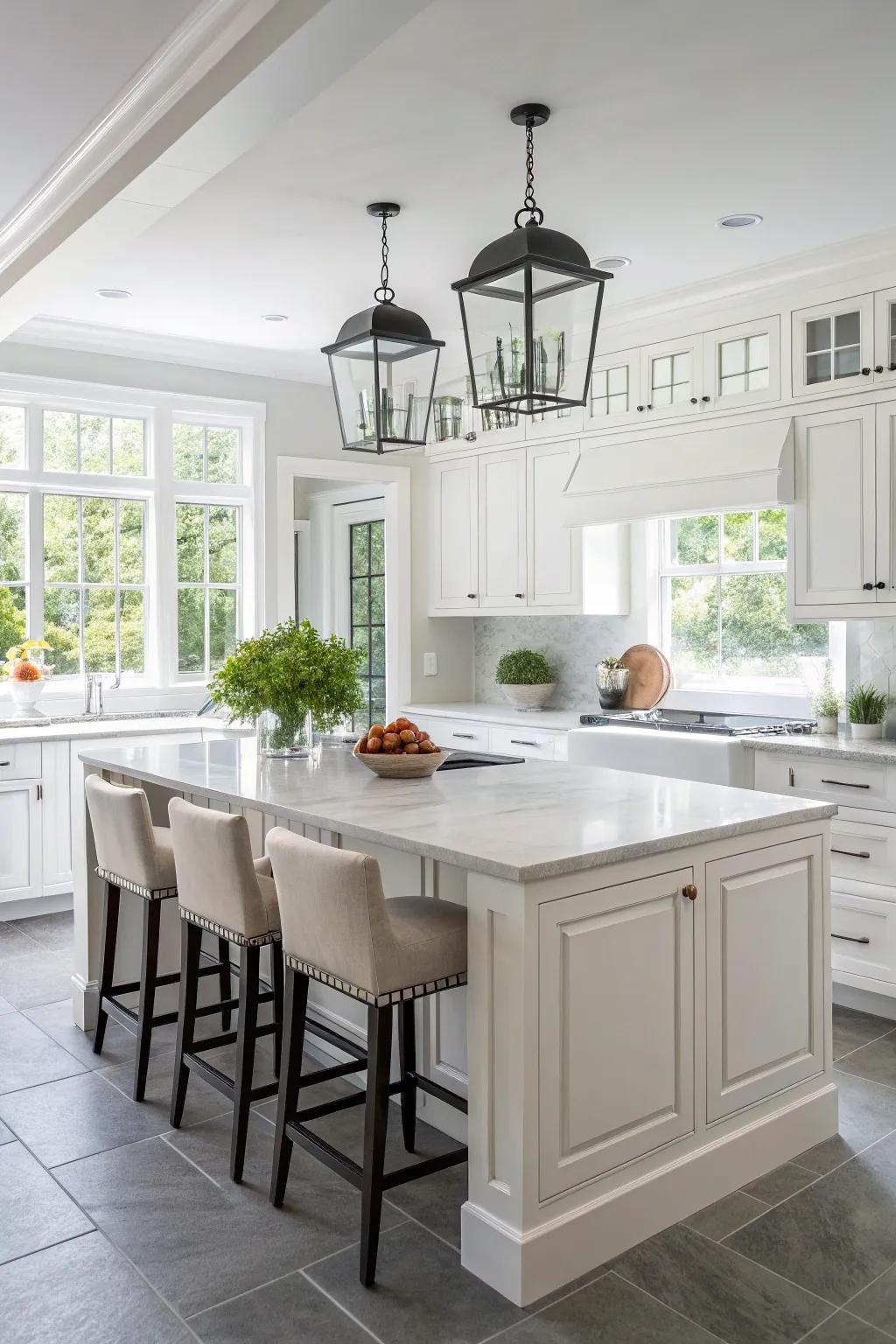 A central island with bar seating creates a social hub in the kitchen.