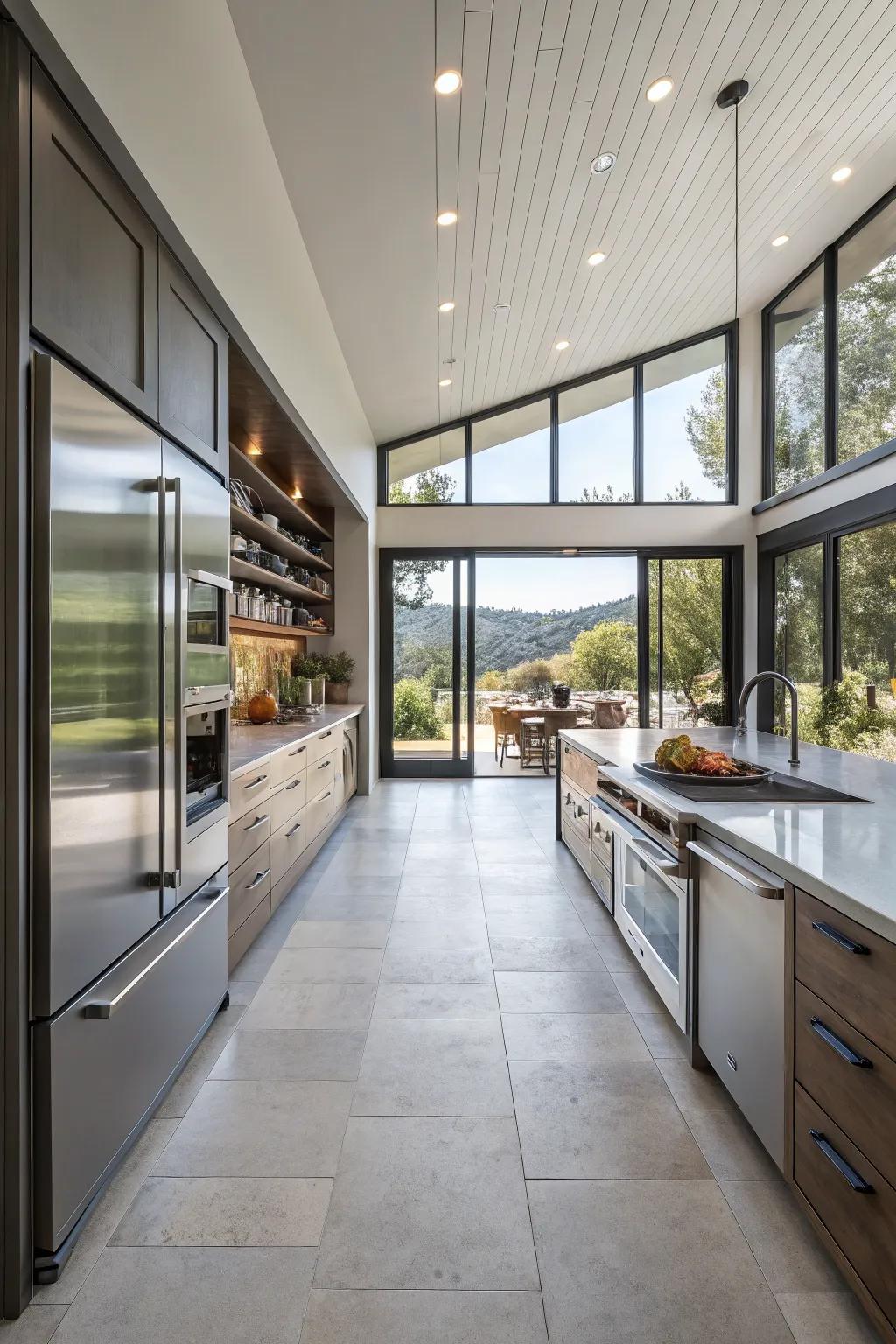 Seamless integration of modern appliances in a wide galley kitchen.