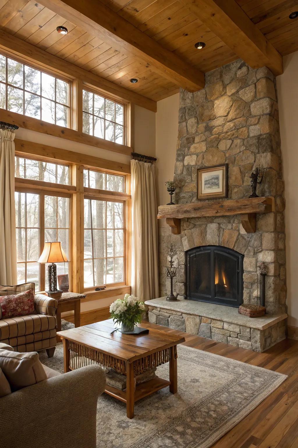 Pure timber trim elevates rustic allure in a living space.