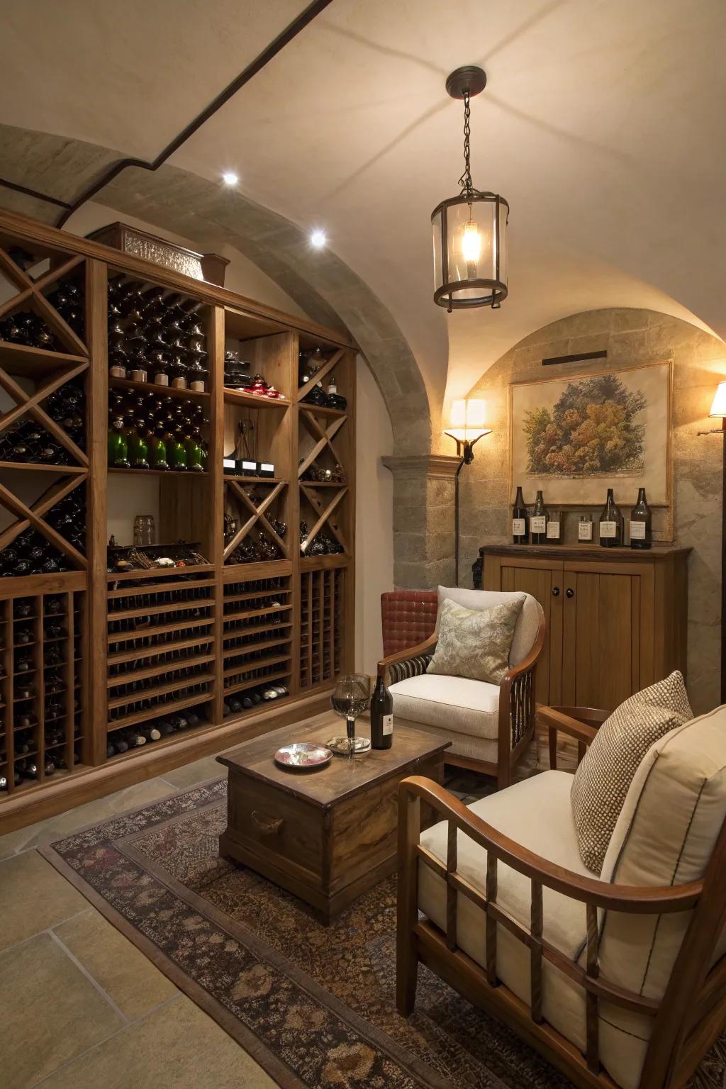 A cozy sitting nook with soft lighting for relaxed wine tastings.