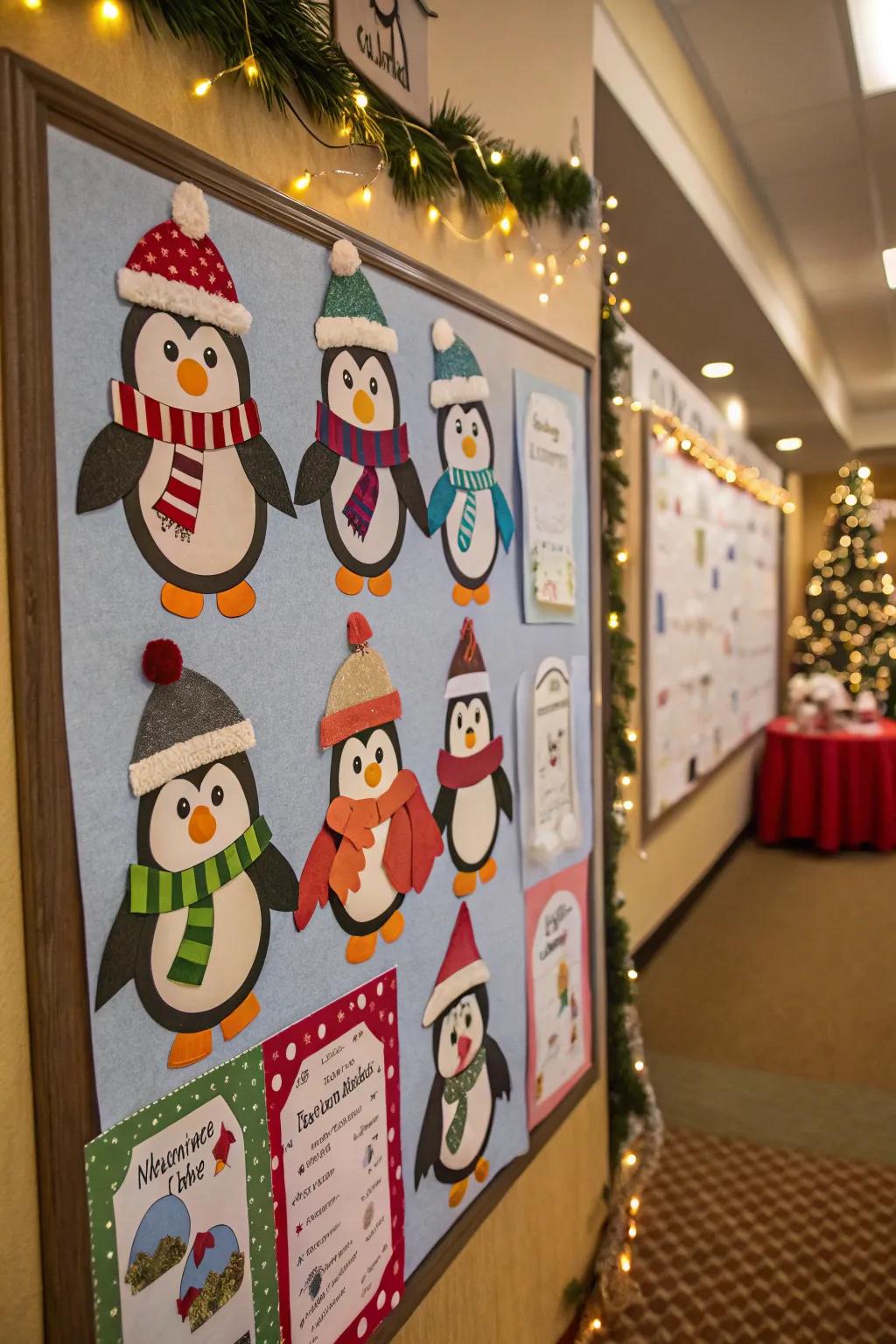 A parade of penguins adds a whimsical charm to the classroom bulletin board.